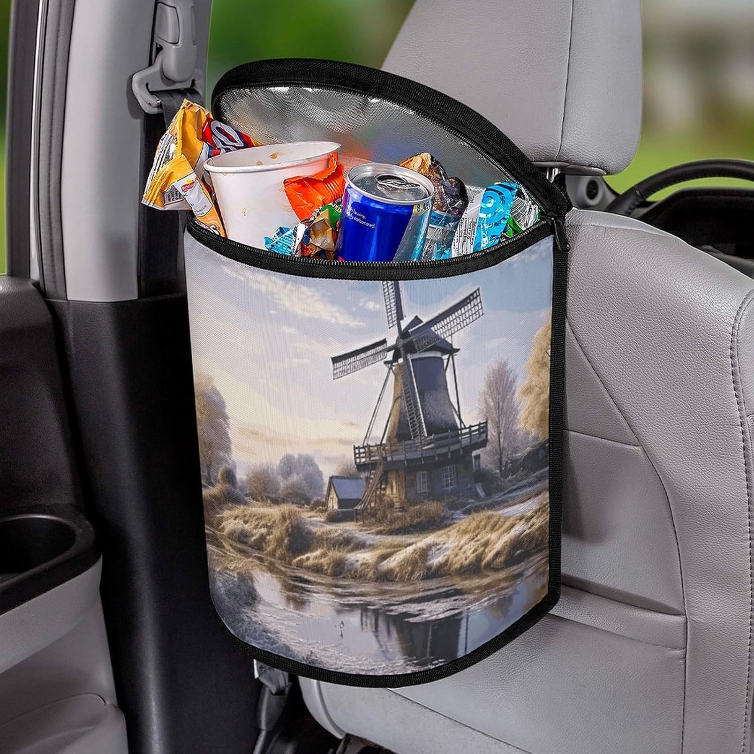 Hanging Car Trash Bag Protable Trash Can Landscape with A Traditional Windmill Waterproof Garbage Bin for Car