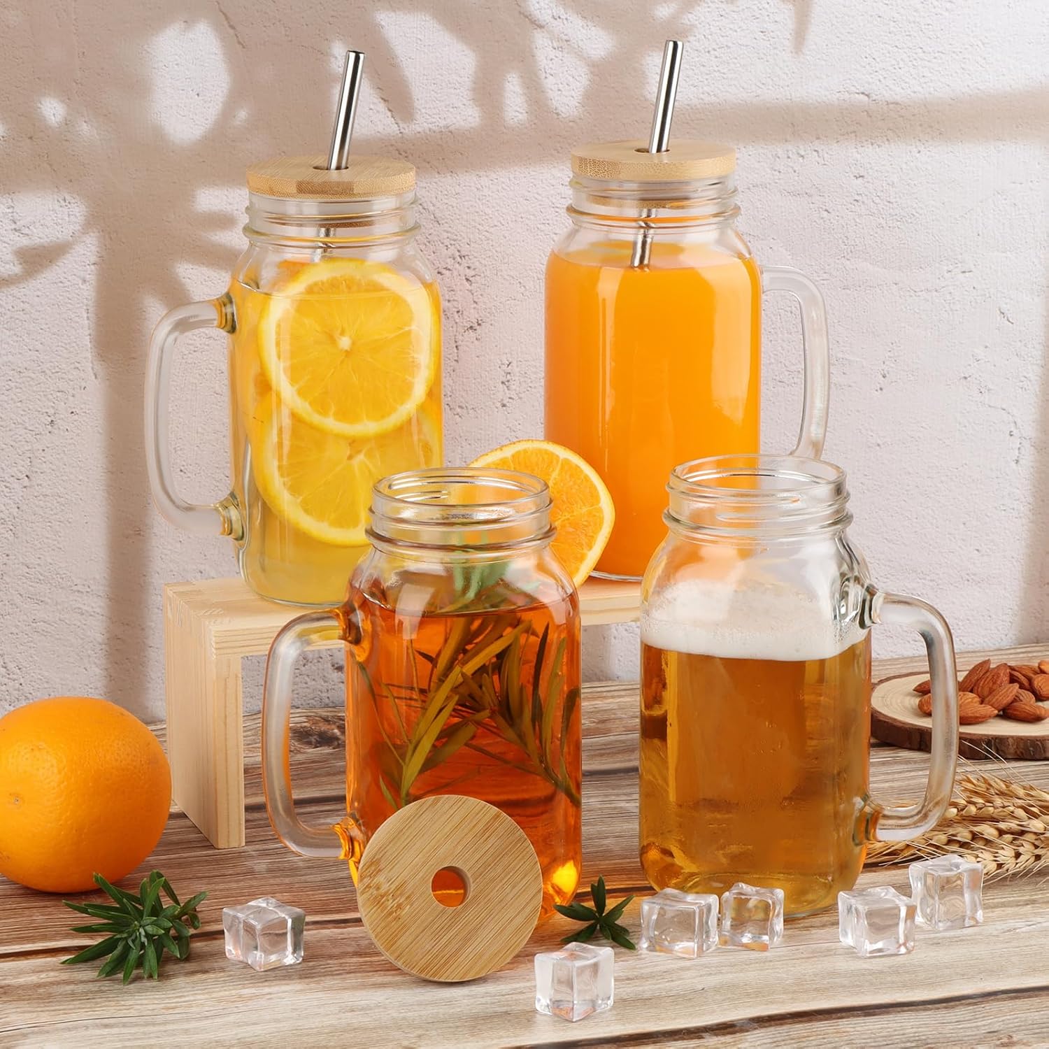 24 oz Mason Jar Cups with Handles, Wide Mouth Iced Coffee Cup with Bamboo Lids & Straws, Large Glass Bottle Mug Drinking Jars Tumbler for Smoothie Cold Water Juice Party Beverages, Set of 4 - Image 3