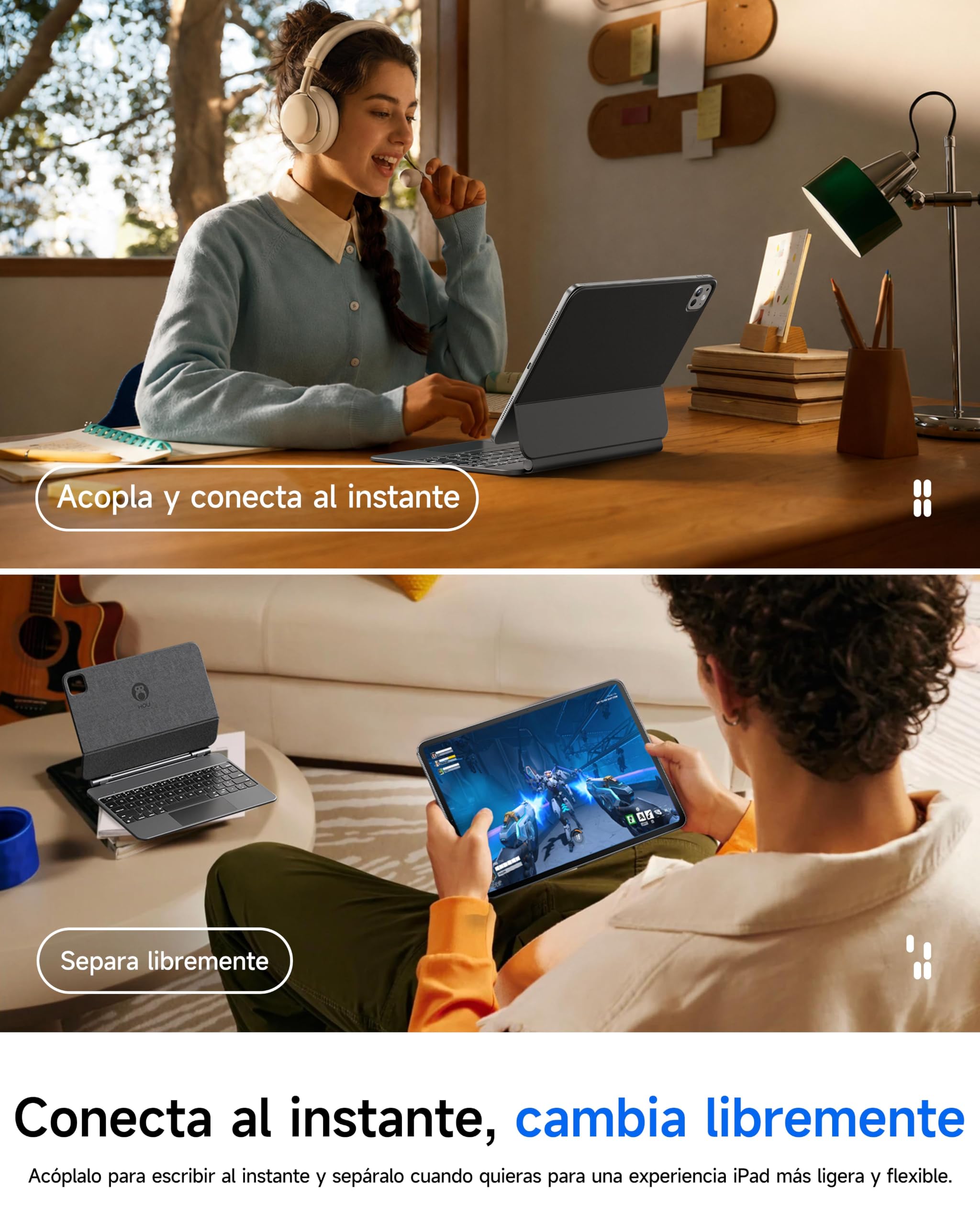 HOU Funda con Teclado para iPad Air 11″, Air 5/4 y Pro 11″ 1/2/3/4 Gen | Amplia inclinación ajustable a 135°,trackpad liso de vidrio AG,12 atajos,retroiluminación de 7 colores,Bluetooth,Negro