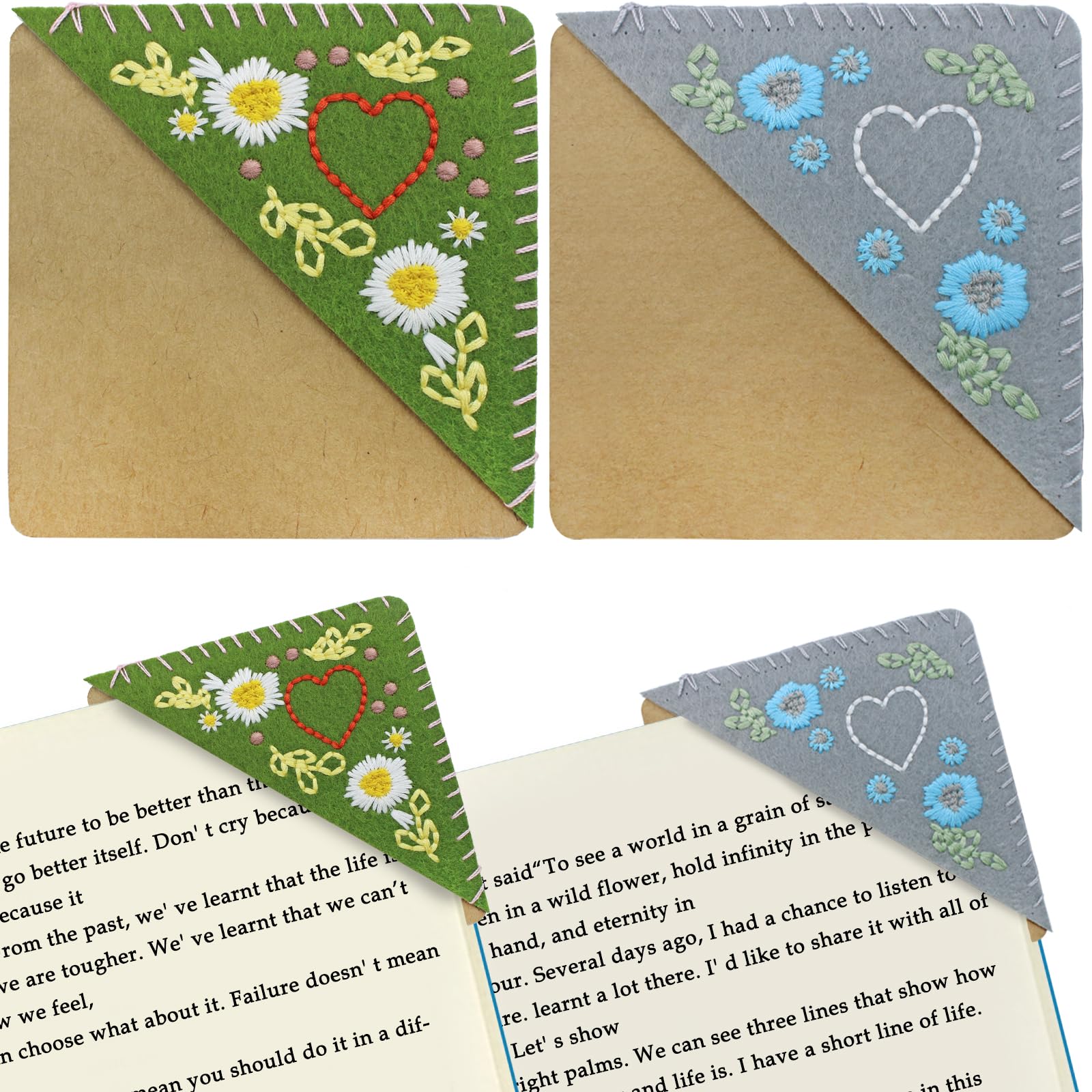 2Pcs Hand Embroidered Corner Bookmark, AIFUDA Felt Triangle Bookmarks, Felt Heart & Flower Book Marks for Reading Women Bookmarks Accessories for Book