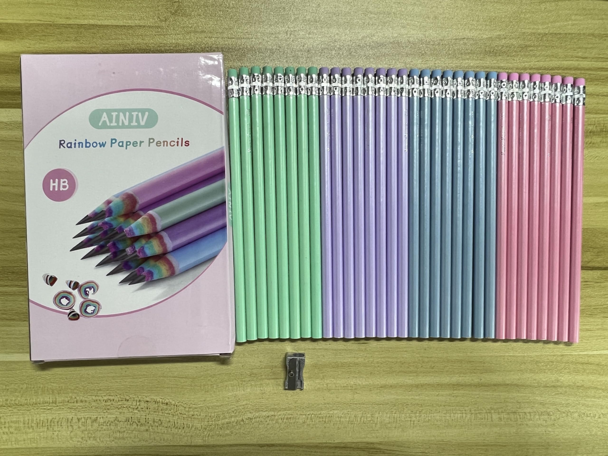Ainiv Lot de 32 crayons en papier recyclé sans plastique et sans bois arc-en-ciel respectueux de l'environnement #2 HB avec taille-crayon, crayons de couleur macaron pour l'école et le bureau