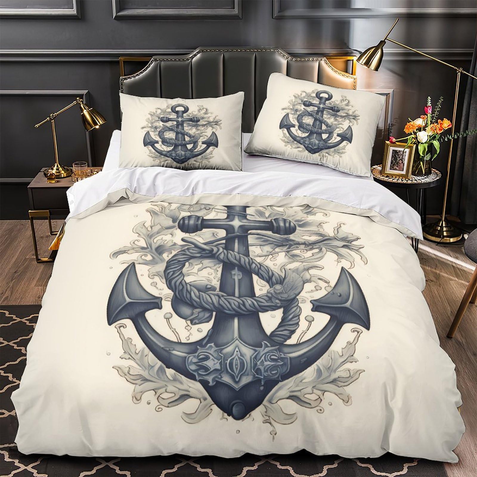 Housse de Couette Ancre Nautique Fermeture Éclair Résistante Fini la Couette qui Glisse