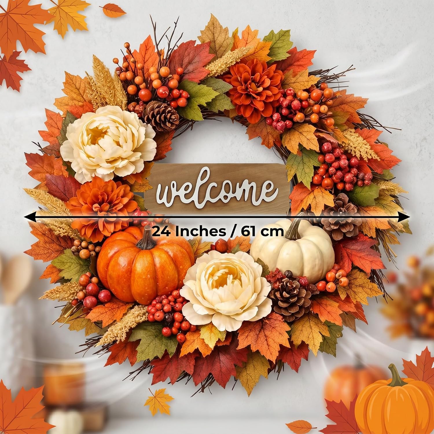 24 Inch Fall Wreaths for Front Door with Welcome Sign.
