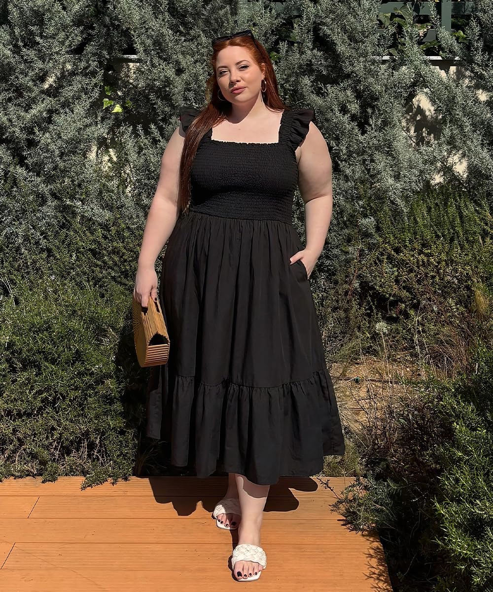 RITERA Plus Size Dress Women Summer Sleeveless Square Neck Smocked Ruffle Strap Midi Beach Sundress with Pocket XL-5XL