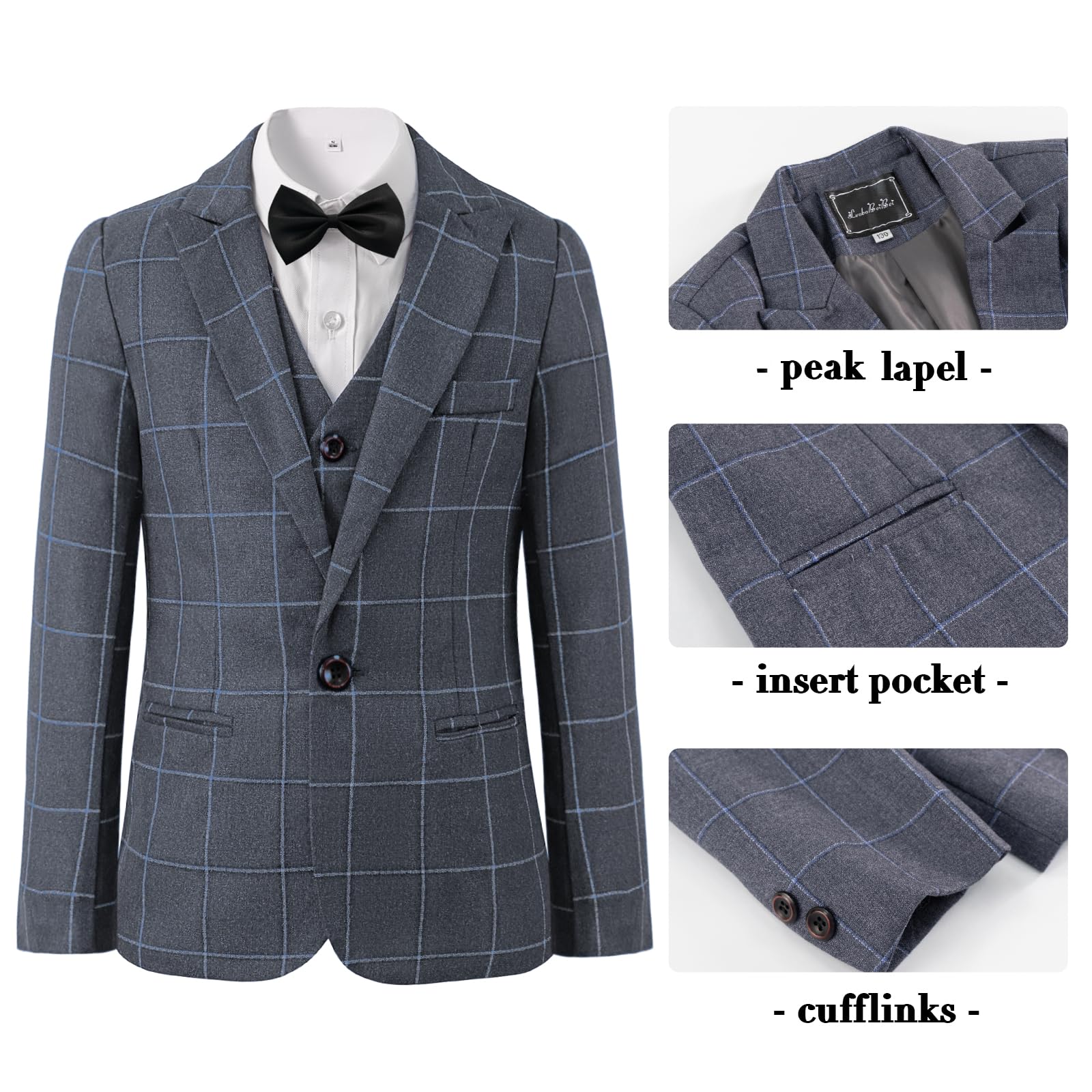 Karierter Anzug für Jungen, 5-teilig, formelle Outfits, schmale Passform, Kleid, Kleidung, Kinder, Smoking, Blazer, Hemd, Weste, Hose, Fliege