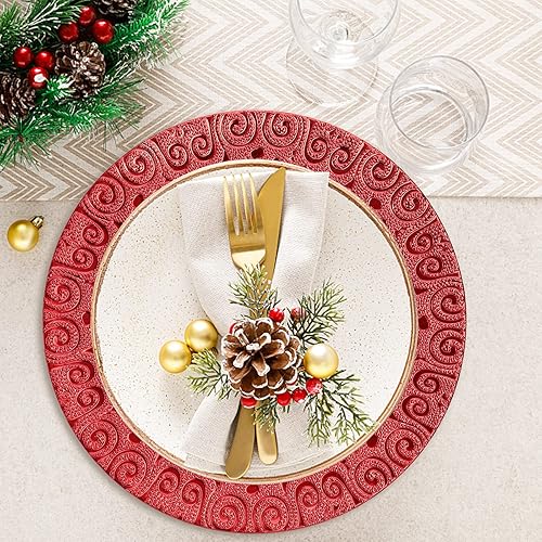 Miniatura 8 de SOUJOY 12 paquetes de platos de carga rojos, plato de cena de 13 pulgadas, elegantes platos de servir de plástico con patrón de fénix de Navidad