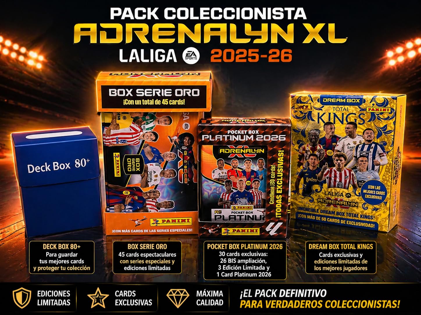 Panini Pack Coleccionista Adrenalyn XL LaLiga 2025-26, Box Serie Oro, Pocket Box Platinum 2026, Dream Box Total Kings y Deck Box