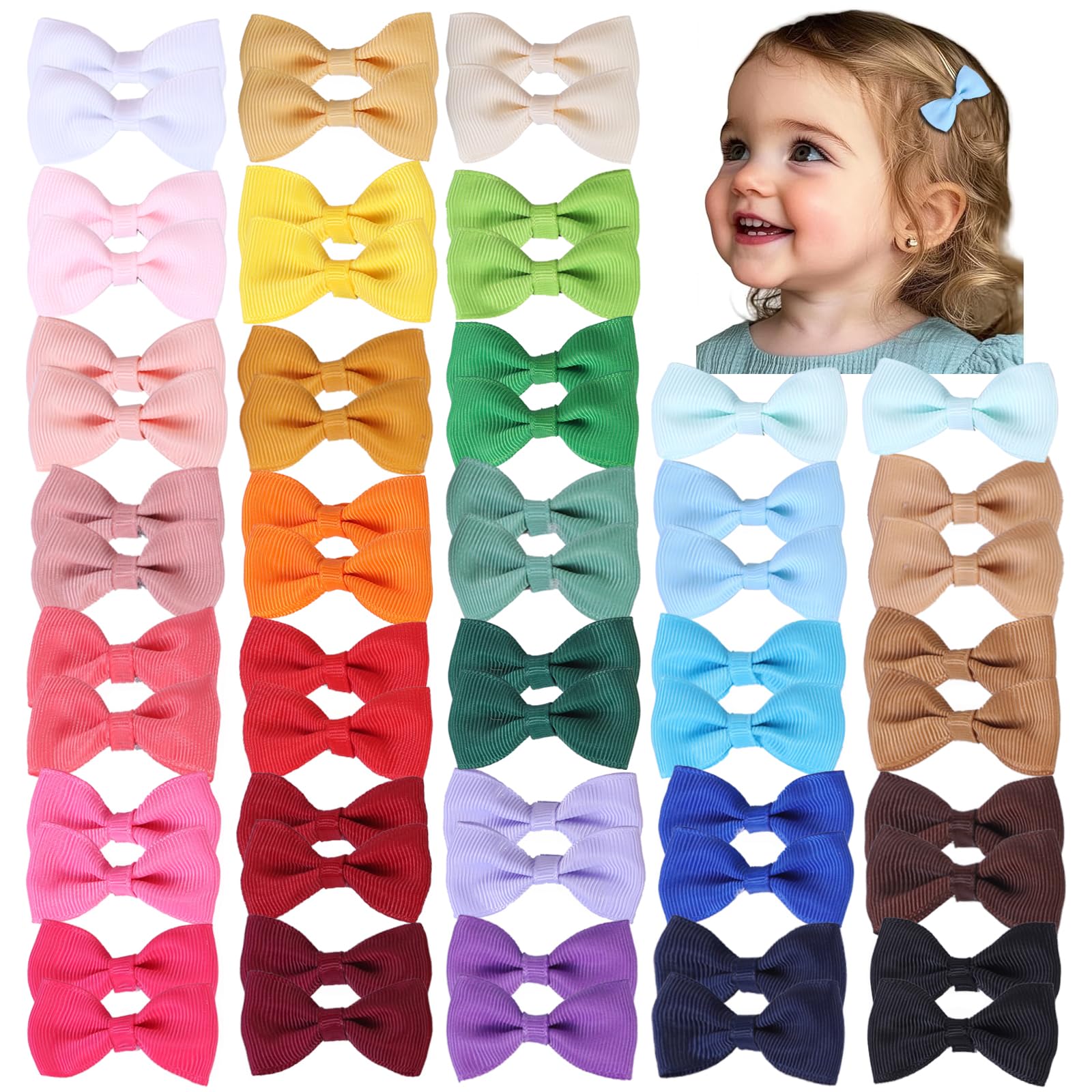 2inch Hair Bows for Baby Girls,60PCS Grosgrain Boutique Solid Ribbon Mini Bows Alligator Clips for Baby Girls Newborns Toddler in Pairs