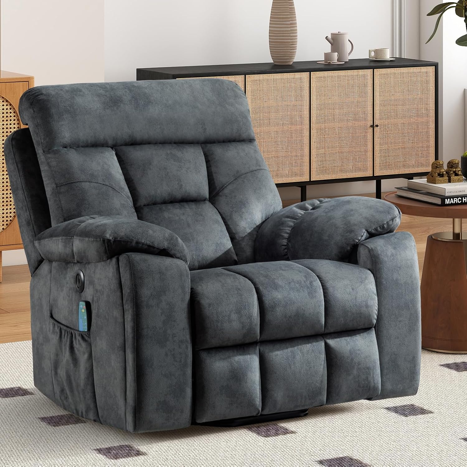 EBELLO Power Lift Recliner Chair with Massage and Heat, Soft Fabric Massage Recliner for Adults with Hidden Cup Holders, Side Pocket, Overstuffed Single Sofa for Living Room, Dark Greenish-Grey