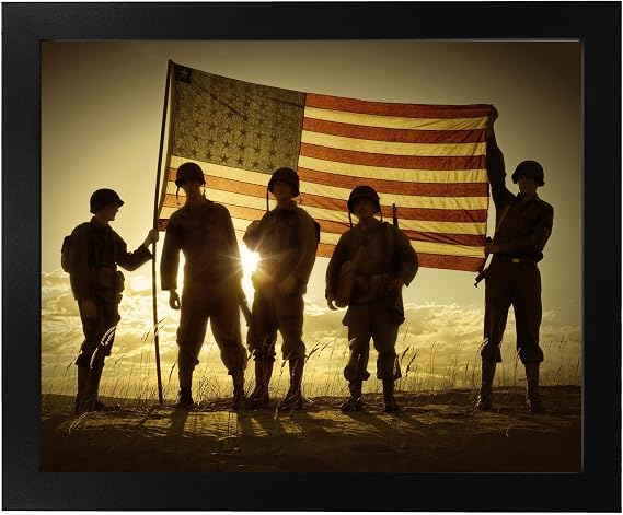 Patriotic Wall Art, USA Freedom Poster, 8x10 Unframed Print | Soldiers Holding Up American Flag matte finish paper. Bold red white blue palette. Office, den, garage space