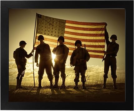 Patriotic Wall Art, USA Freedom Poster, 8x10 Unframed Print | Soldiers Holding Up American Flag matte finish paper. Bold red white blue palette. Office, den, garage space