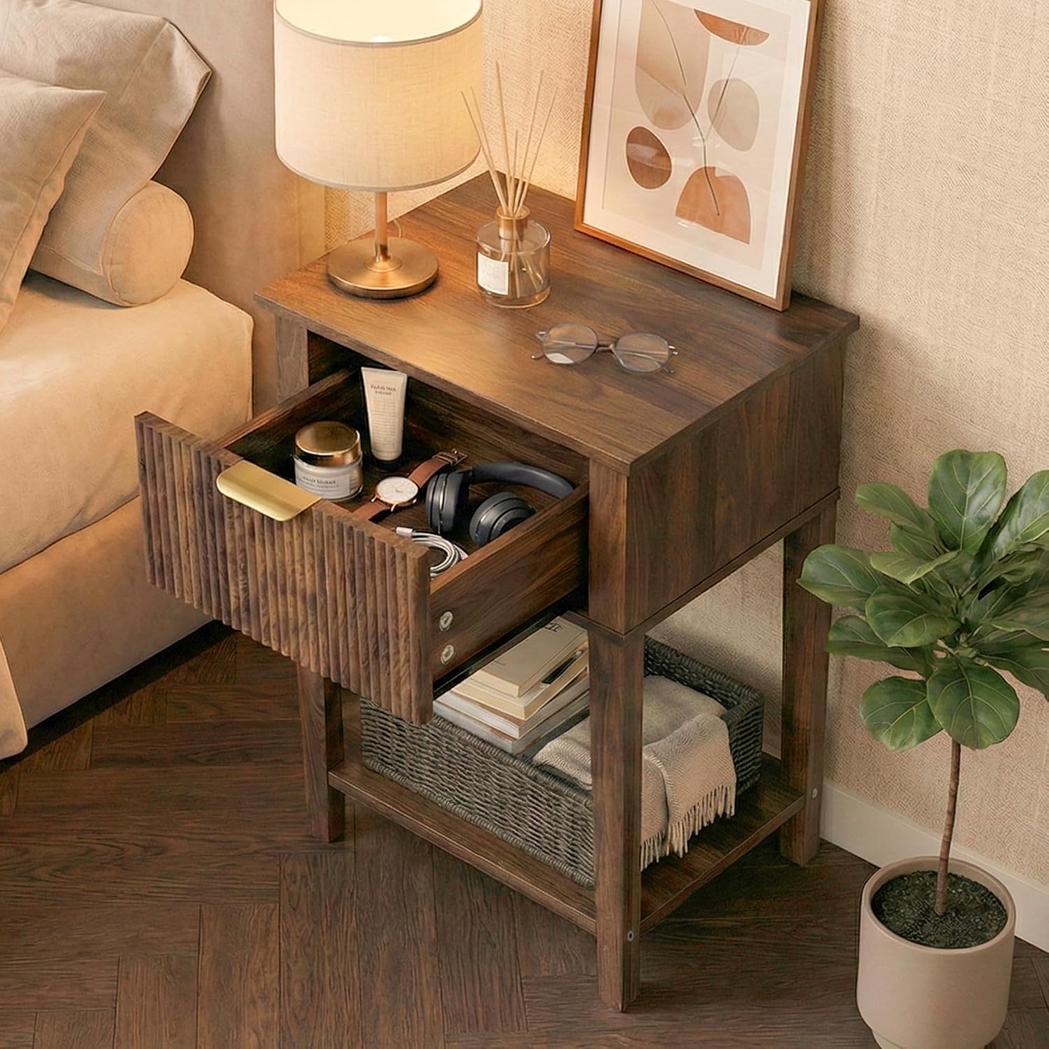 Modern Fluted Small Wood Nightstand, 11.8" Deep x 15.4" Narrow Bedside Table with Drawer & Open Shelf, Mid-Century Rustic Accent End Table for Bedroom & Sofa - Walnut