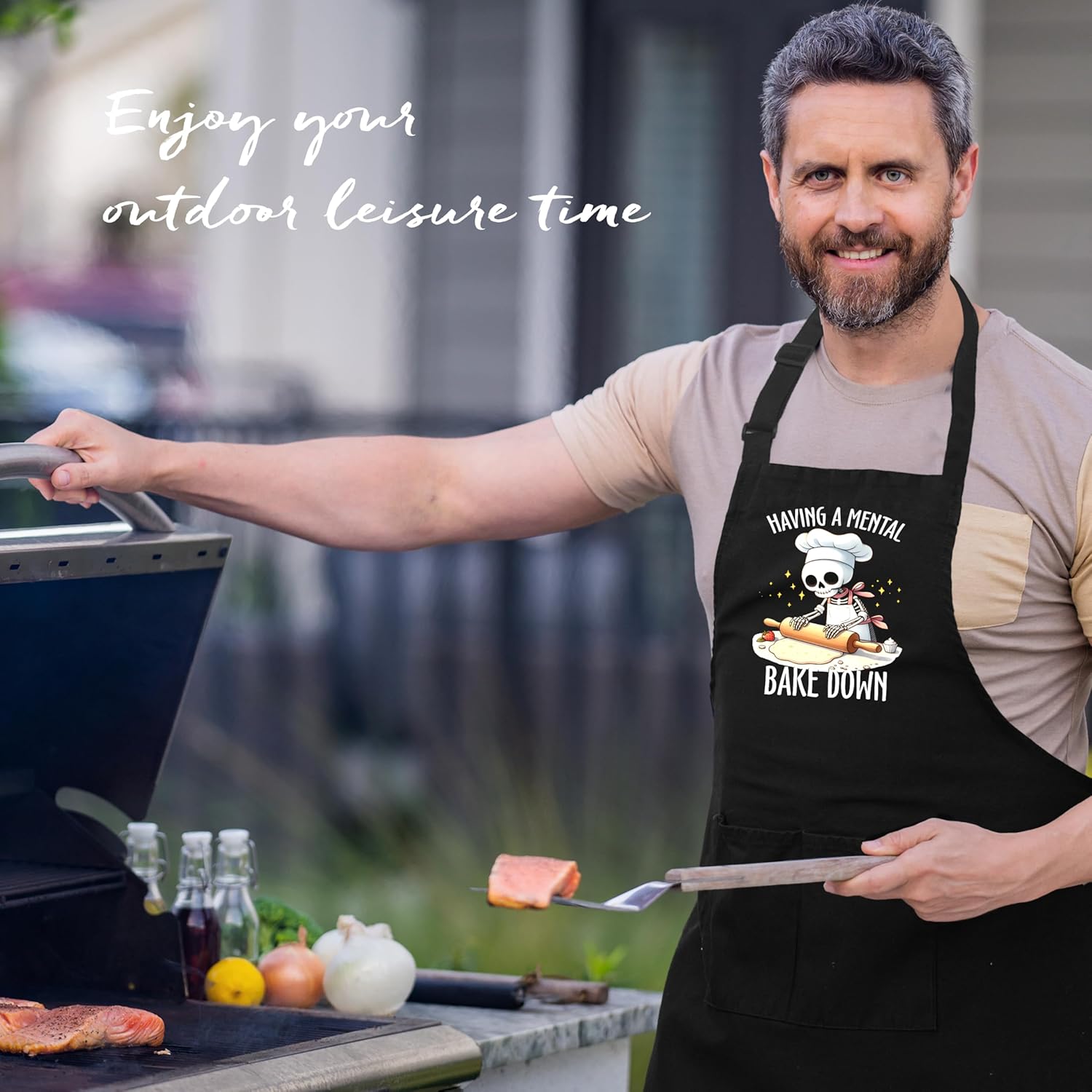 Funny Skeleton Baker Baking Apron with Pockets, Baking Lovers Bread Baker Gifts, Having a Mental Bake Down Waterproof Adjustable Cooking Apron for Kitchen Dishwashing Grilling - Image 3