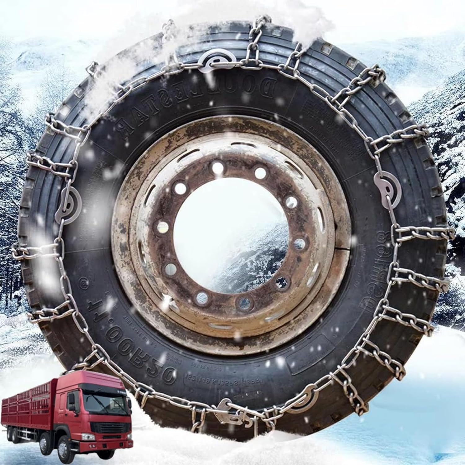 2pcs 9mm Snow Chains for Trucks & SUVs – Reinforced Anti-Skid Chains –Easy On and Off for Ice Snow & Sand 6.50-16 2pcs 315/80R22.5
