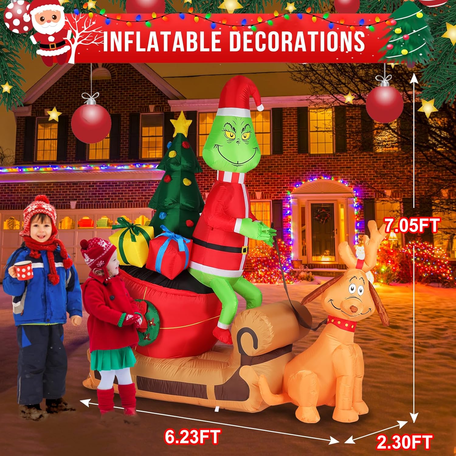 7FT Christmas Inflatable Outdoor Decoration, Green Monster and Dog Max on Sleigh with LED Lights Blow Up Yard Decorations Outdoor Lawn Garden Christmas Inflatable Decorations