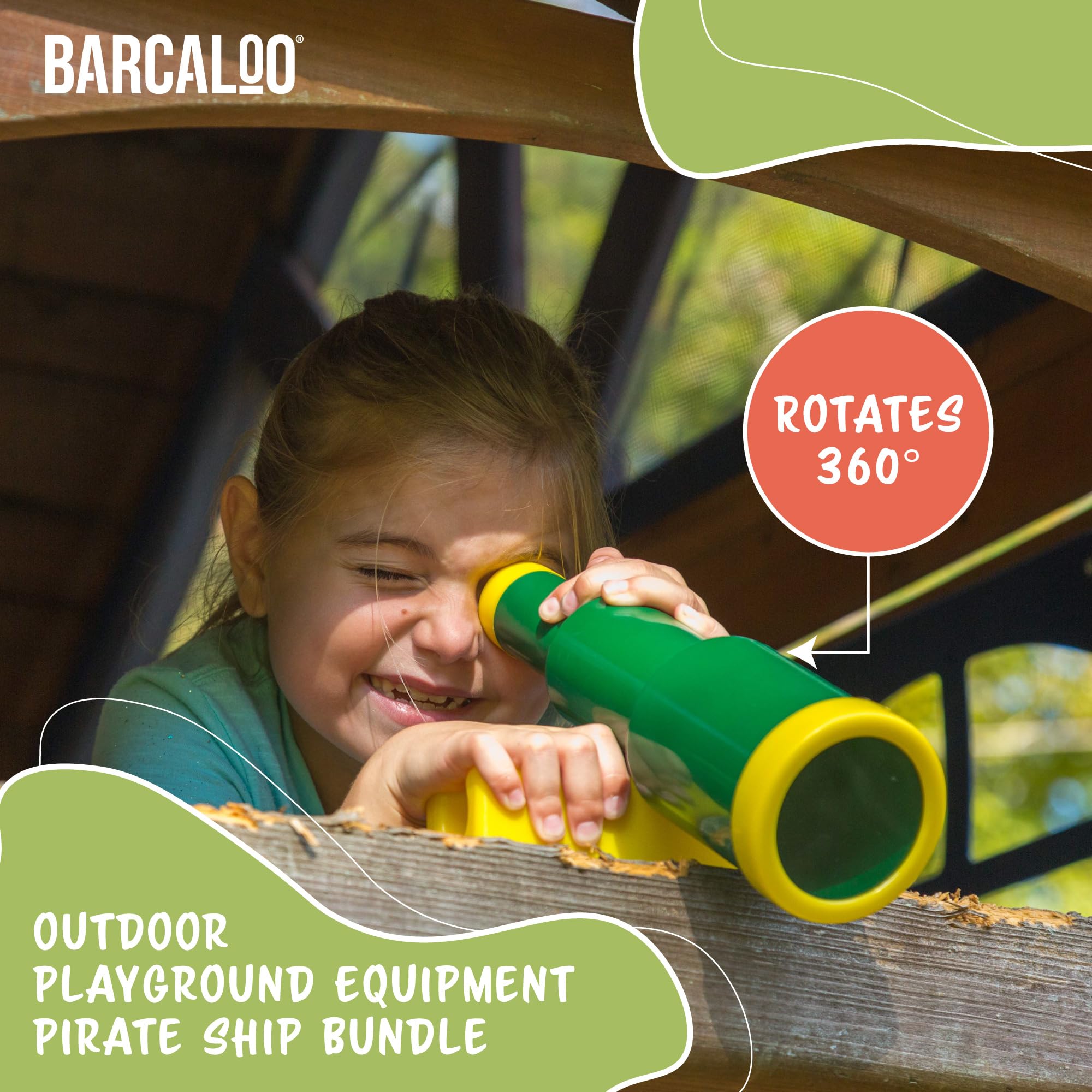 Playground Accessories for Kids Outdoor Playset Kids Pirate Telescope, Steering Wheel, Green Safety Handle Bars Playground Equipment- Backyard, Playhouse, Tree house, Jungle Gym, Swingset, Pirate Ship