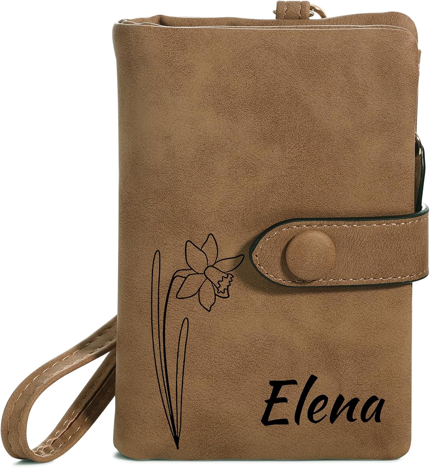 MMXX Personalized Leather Wallets for Women Engraved Birth Flower & Name, Custom Small Women's Wallets with Wristlet, Zipper Coin Purse, Personalized Gifts for Mom Girlfriend Birthday - A1: Brown