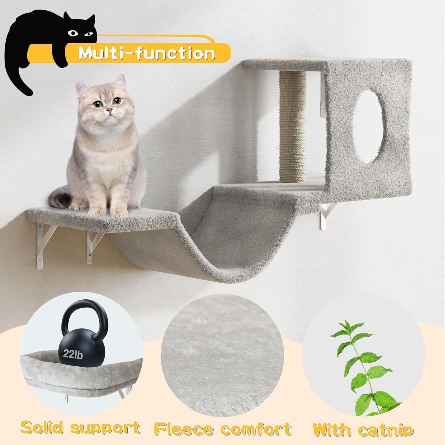 NUNU LAB Cat Wall Shelves, Cat Walls Mounted Climber Set, 6-in-1 Cat Climbing Furniture, Cat Scratching Post, Cat House, Cat Bridge, Cat Steps, Cat Climb Board & Cat Hammock, for Indoor Drywall, Gray