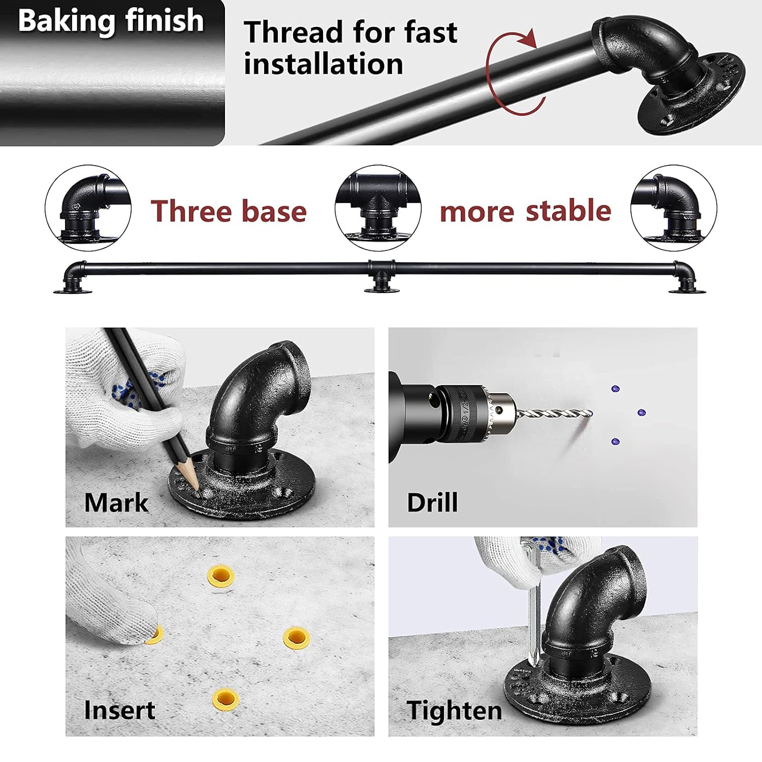 WSLHP 3.3 FT Staircase Handrail Kit,Metal Pipe Handrail,Wall Mount Decoration Banister for Outdoor & Indoor(Black): Tools & Home Improvement