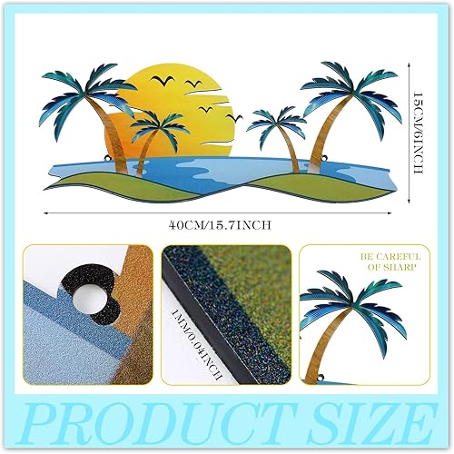 Vista 2 de Shimeyao Arte de pared de metal costero con palmera, arte de pared de metal para decoración de playa al aire libre, baño, esculturas de árbol