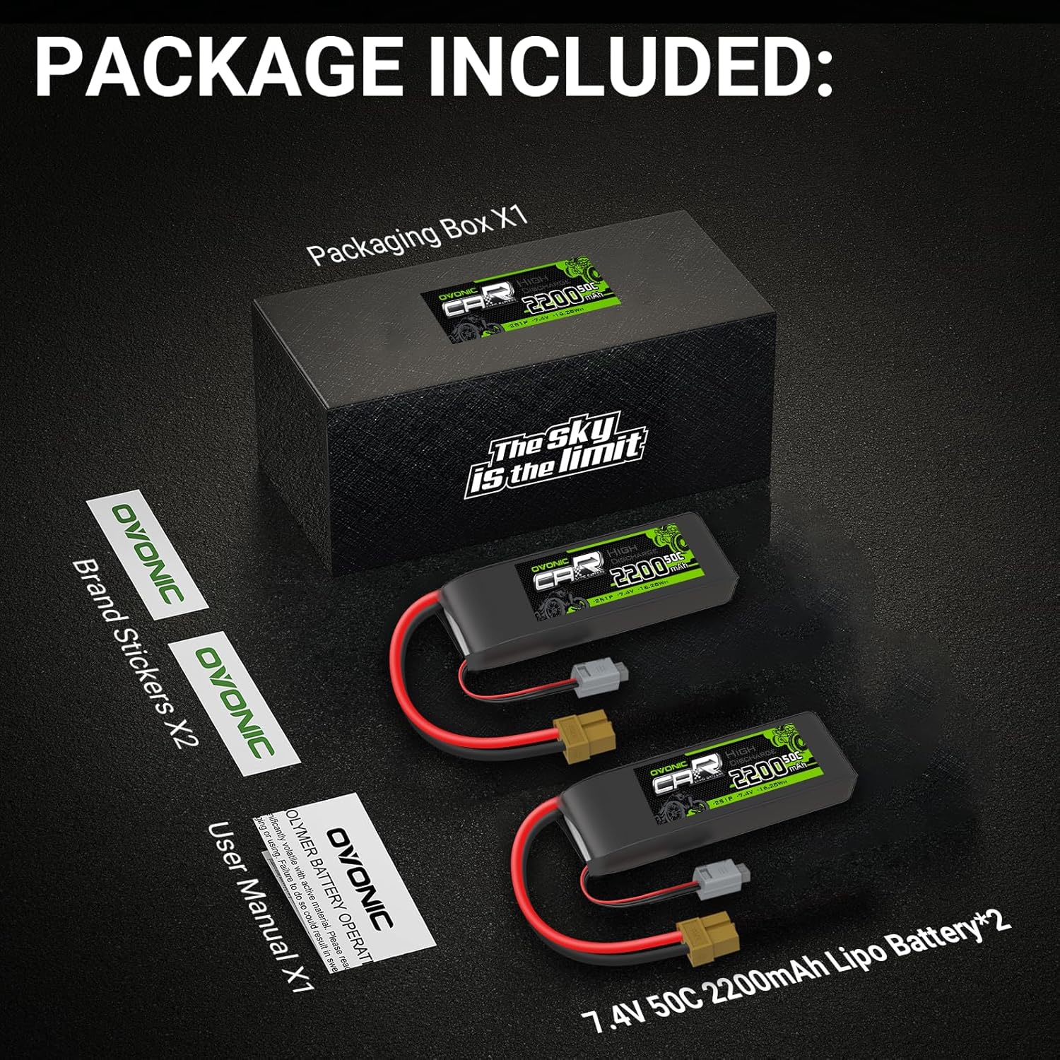 OVONIC 7.4V Lipo 2200 mAh 50C 2S Lipo Battery with XT60+TRA Plug (2 Packs)