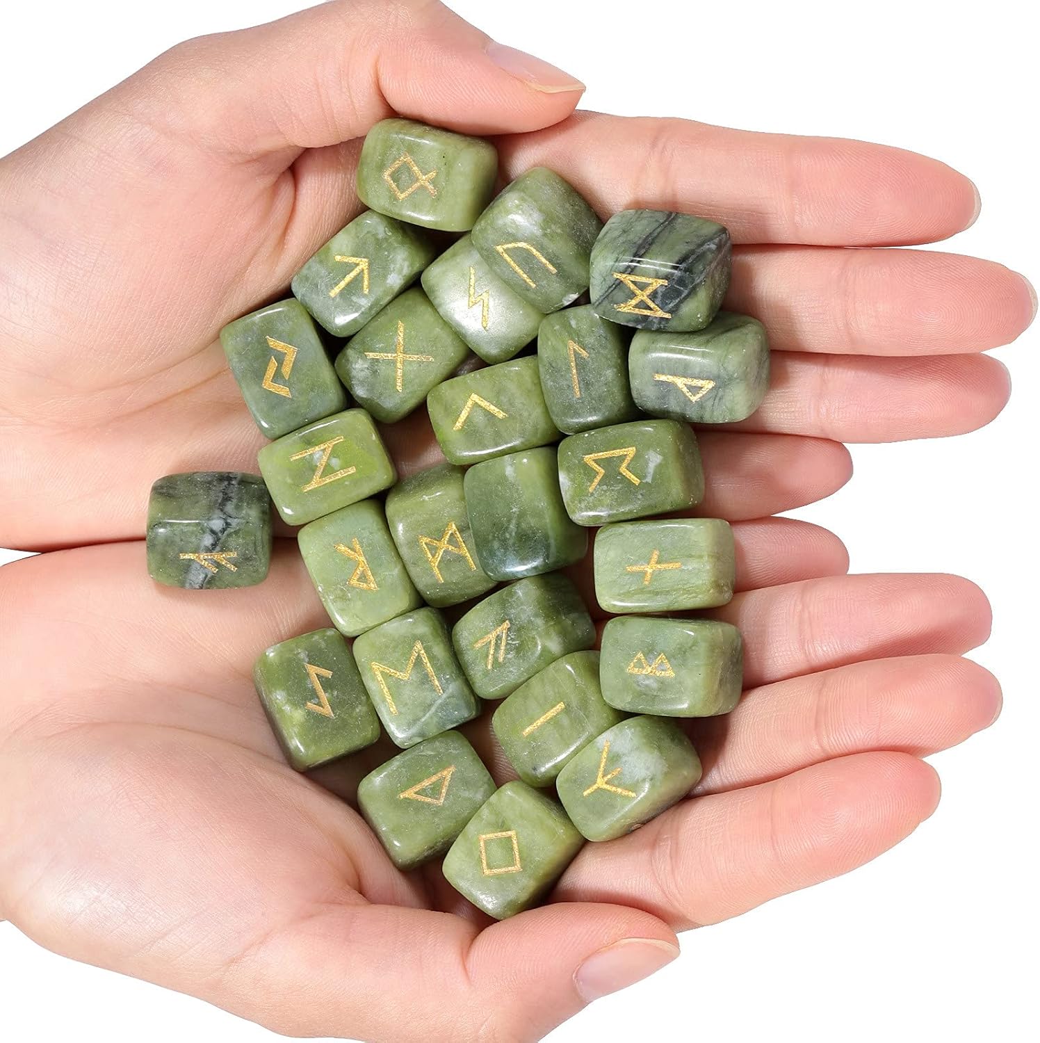 Nupuyai Natural Green Jade Rune Stones Set Polished Witches Crystal with Engraved Elder Futhark Runic Alphabet for Meditation Divination Healing - Image 3