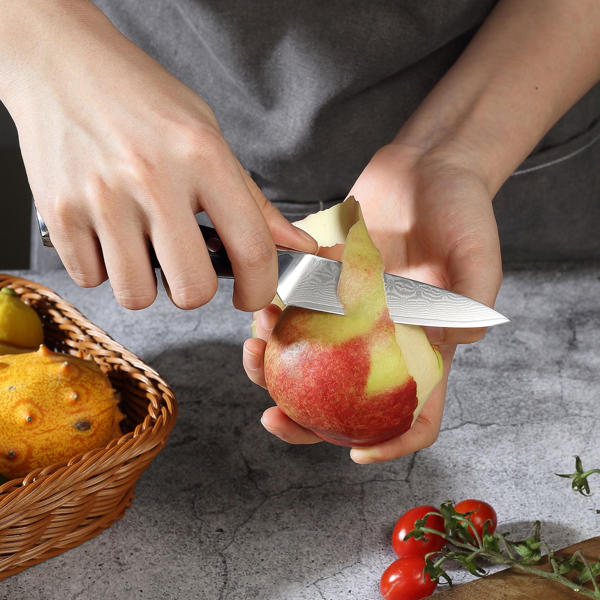 PAUDIN Damastmesser 9 cm – Gemüsemesser Schälmesser Obstmesser – VG10 Profi-Küchenmesser mit schwarzem ergonomischem G10-Griff