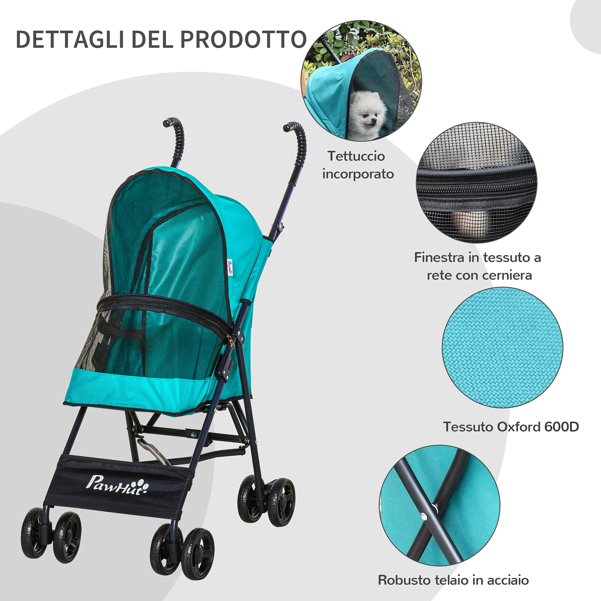 PawHut Passeggino per Cani Piccoli Pieghevole, Ruote Girevoli con Freno in EVA e Guinzaglio di Sicurezza, 65x42x94cm Verde
