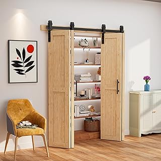 68"x84" No-Assembly Bi fold Barn Door, with 72" Bifold Barn Door Hardware Kit for 4 Doors, Unfinished Solid Spruce Wood Panel, Pre-Drilled and Assembled，Including Handle and Pulls