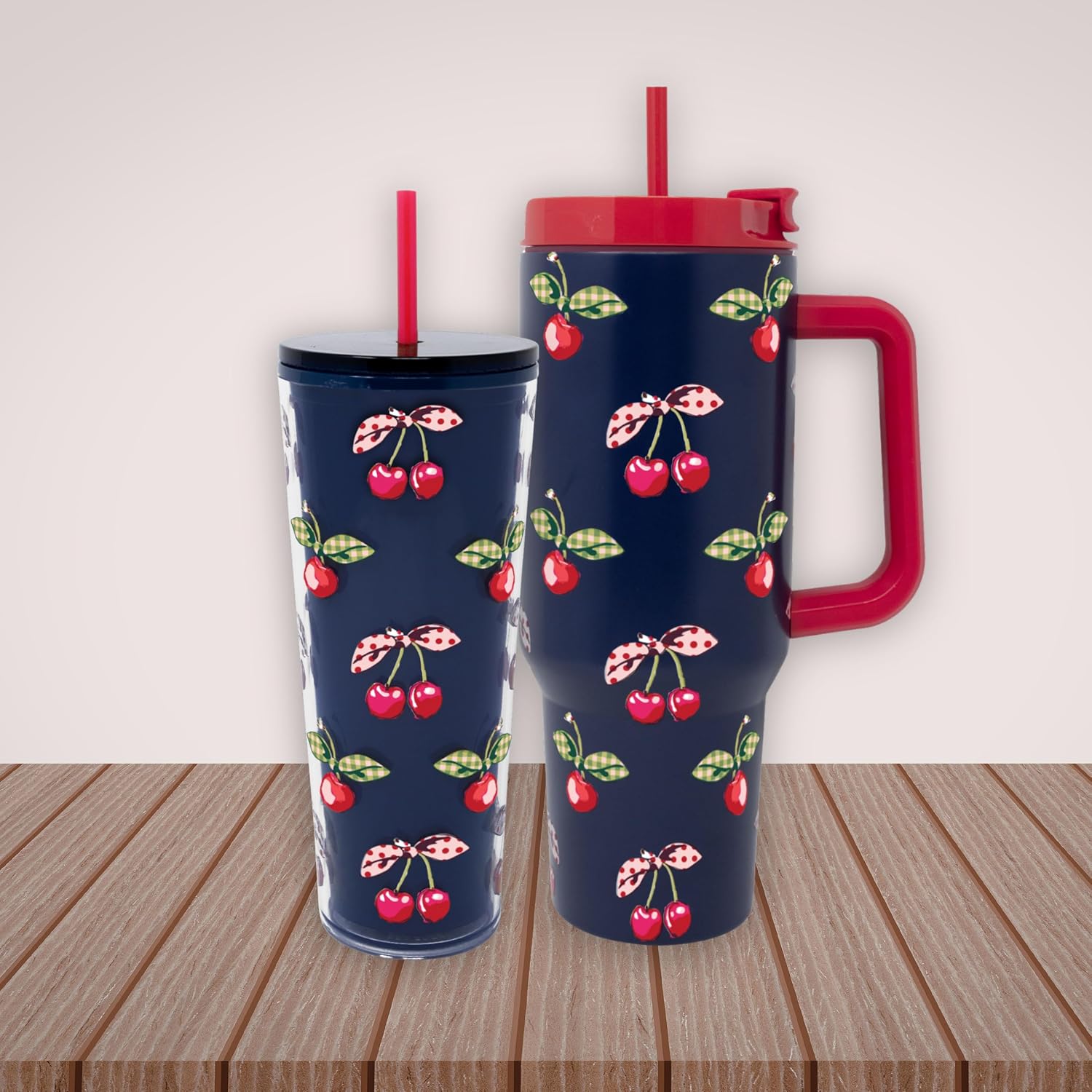 Vera Bradley 40 Ounce Double Wall Stainless Steel Insulated Tumbler with Handle and Straw, 40 oz Cup, Metal Cup for Hot or Cold Drinks (Cherry Picking)