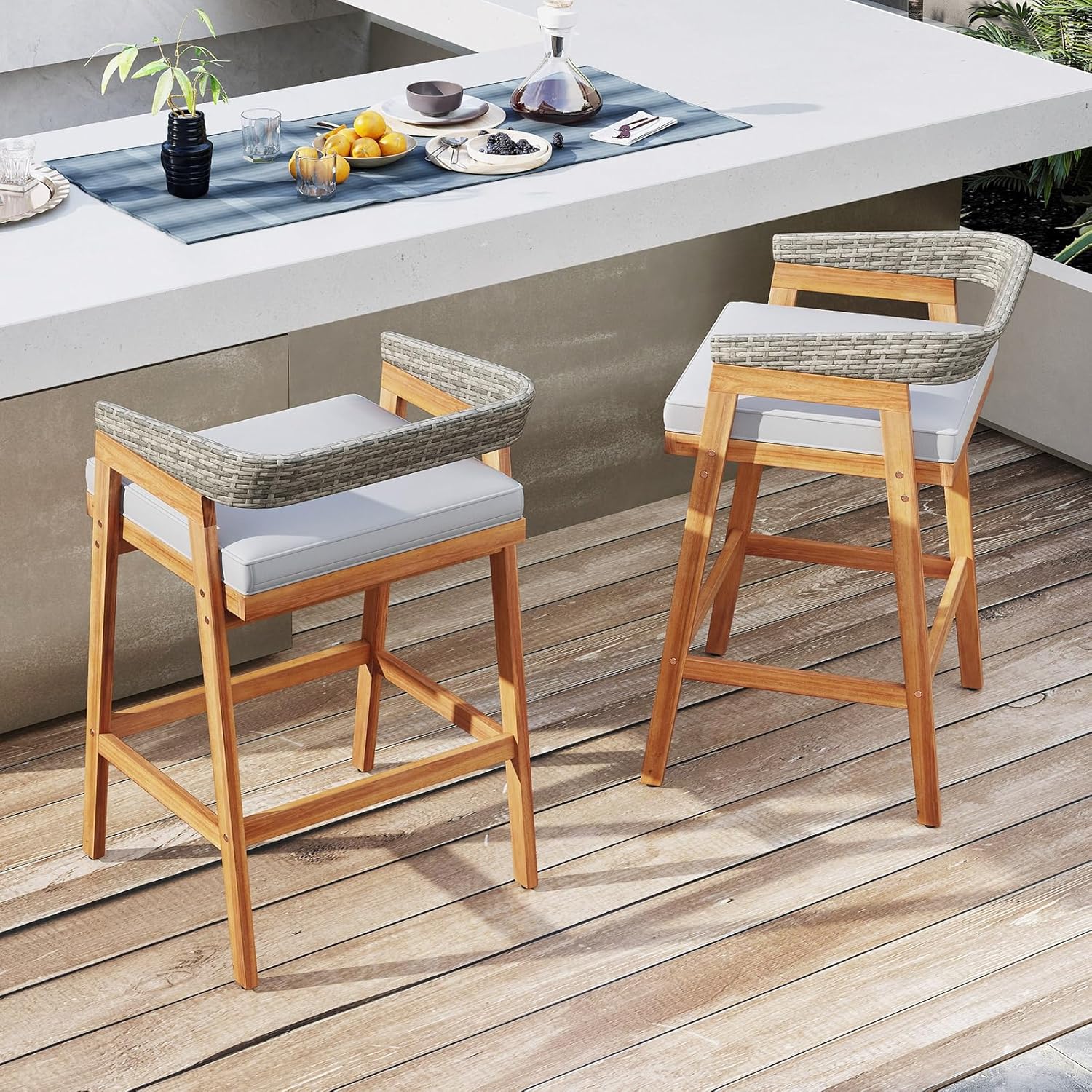 Tangkula Patio Counter Height Bar Stools Set of 2, Outdoor Acacia Wood Bar Chairs with Cushions, PE Wicker Backrests and Footrests, Outdoor Patio Chairs for Deck, Garden, Pool and Backyard (1)