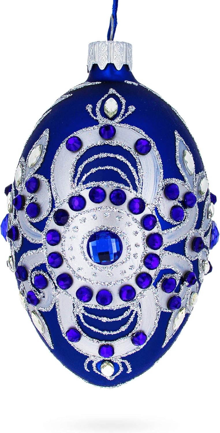 Silver on Blue Glass Egg Christmas Ornament 4 Inches