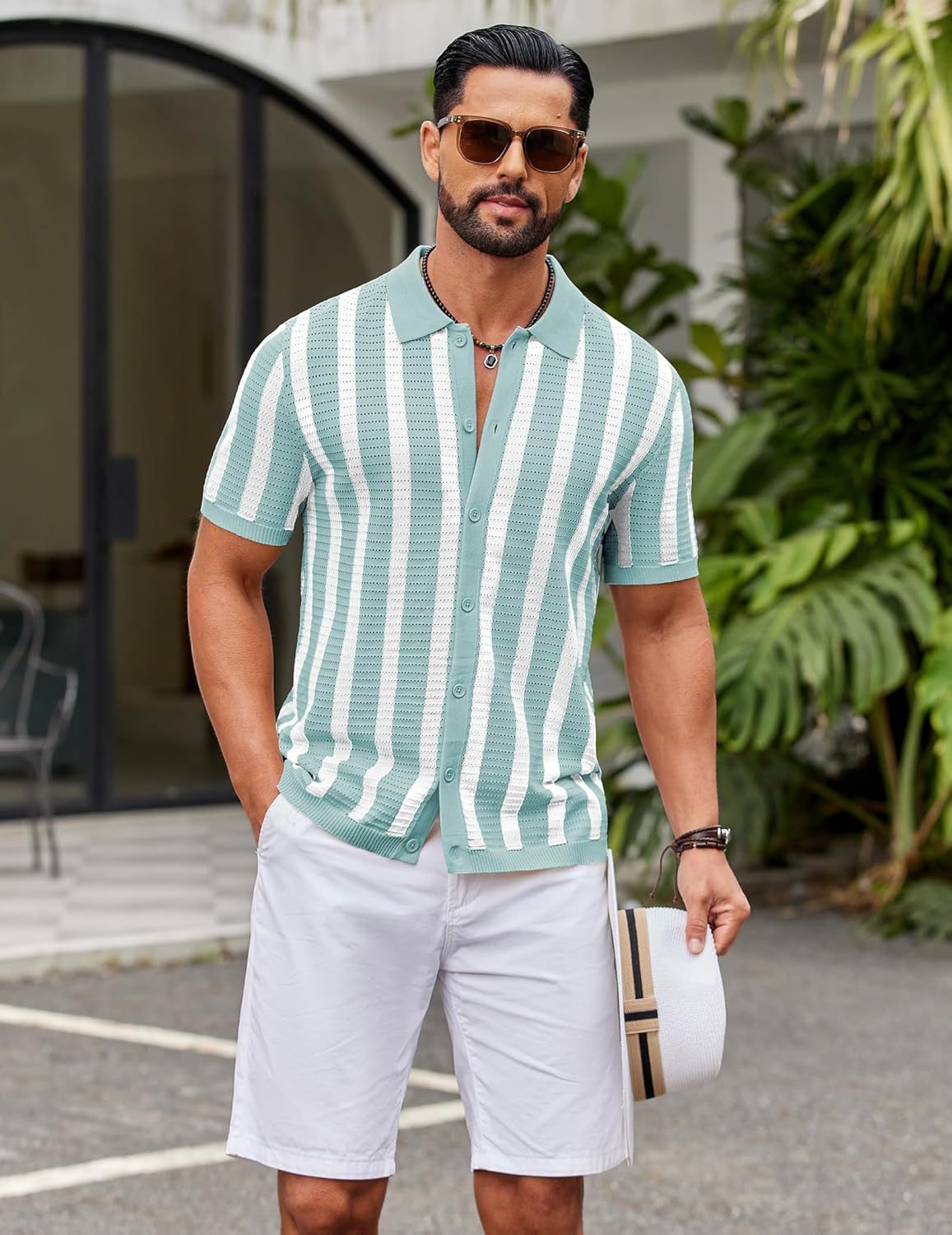 COOFANDY Men's Knit Shirts Short Sleeve Button Down Polo Shirt Striped Casual Summer Beach Shirts - Image 4