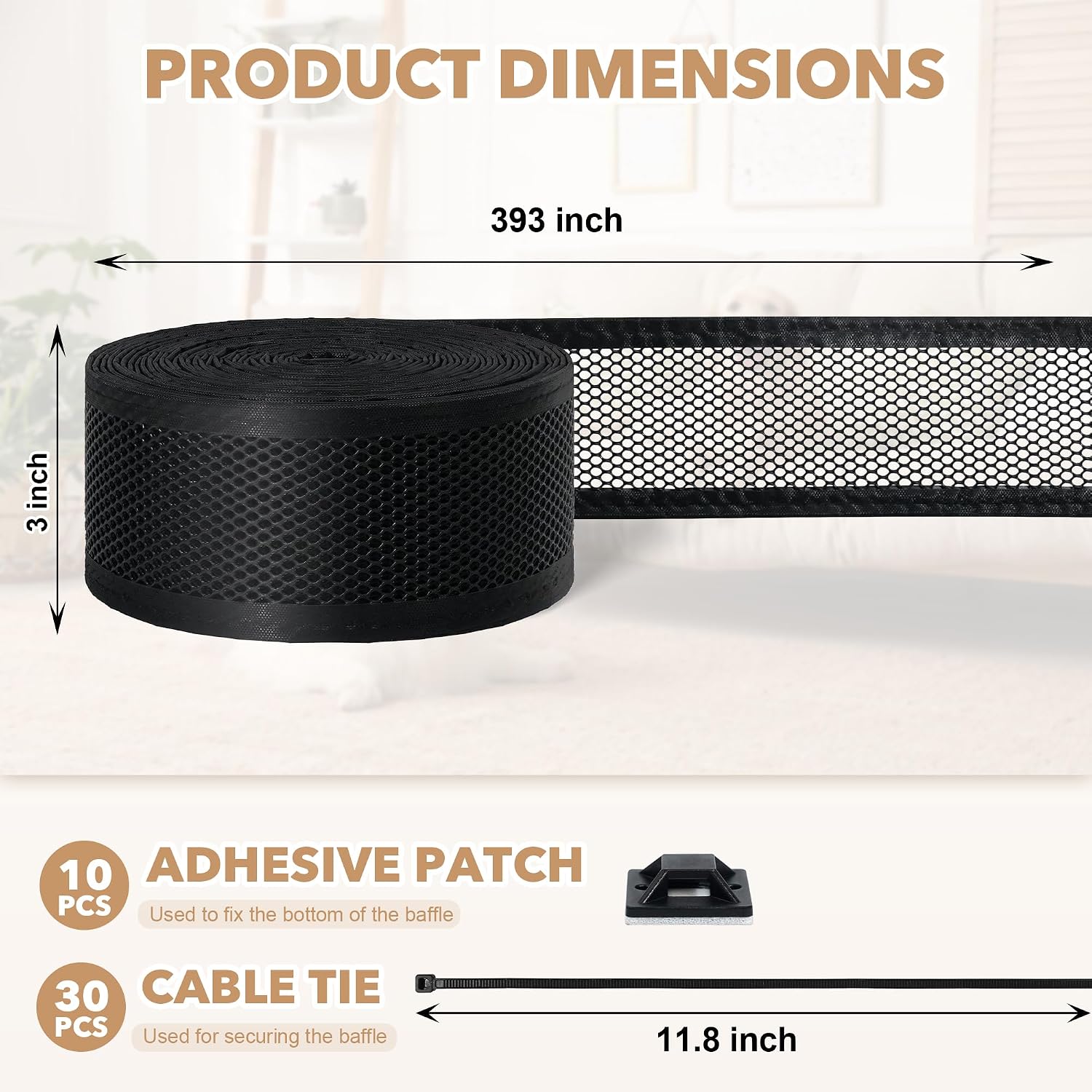 Under Couch Blocker, L394 x H3 | Under Bed Blocker for Toy, Pets, for Sofa Furniture, Adjustable, Cuttable, Plastic Mesh with Zip, Black
