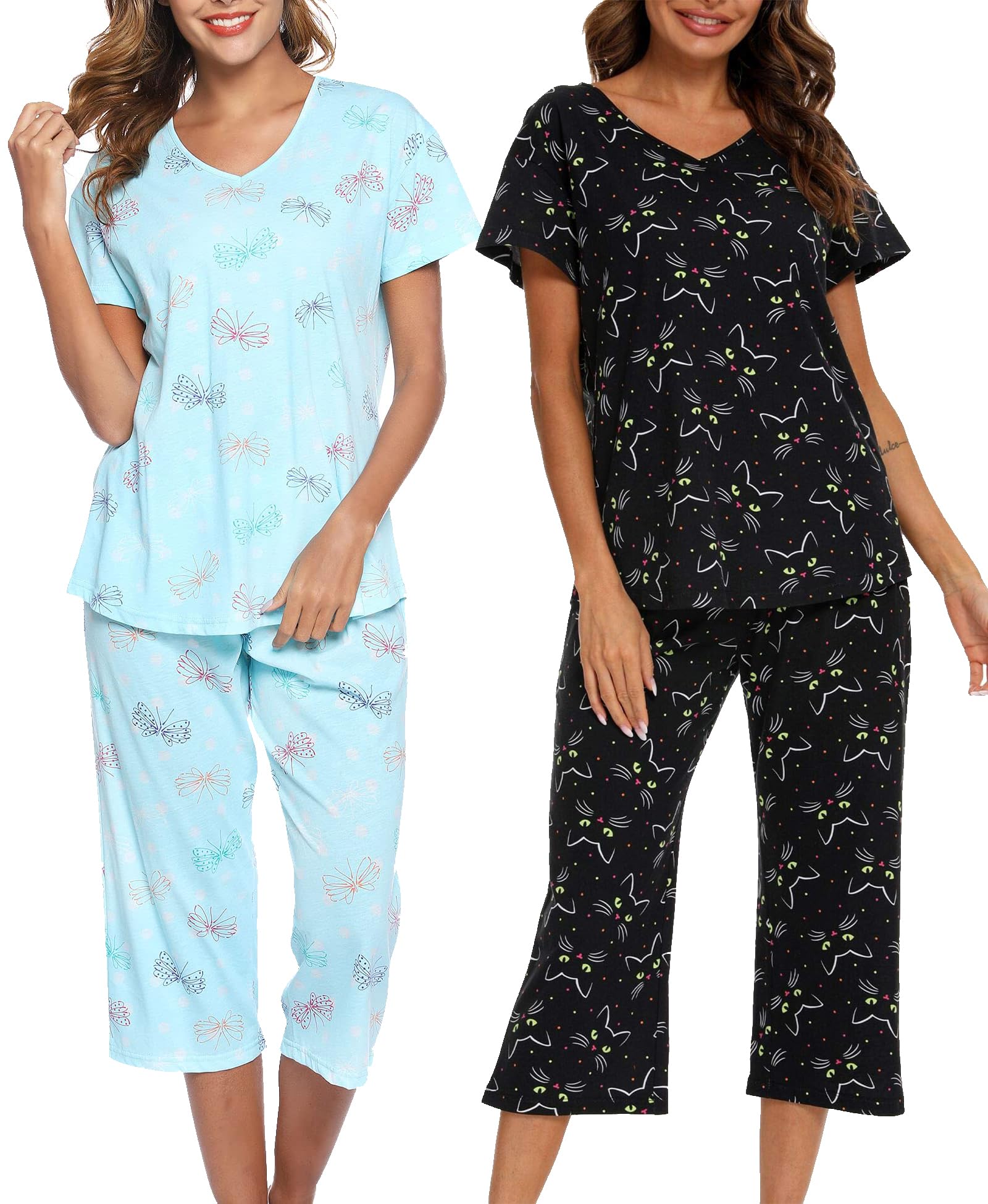 ENJOYNIGHT 2 Pack Womens Pajama Sets Cotton Short Sleeve Top with Capri Pants Summer Pjs Sleepwear