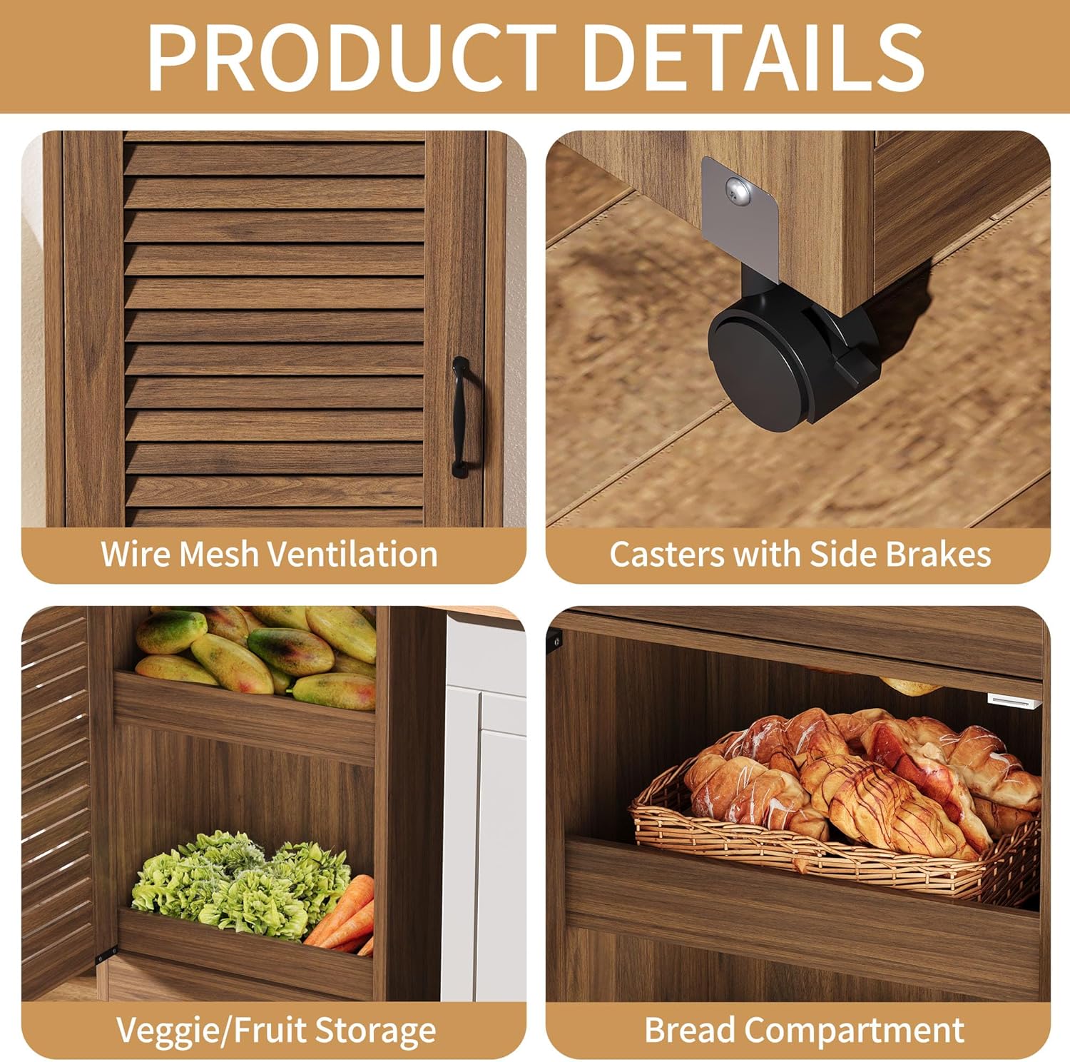 4 Tier Potato and Onion Storage Bin, Movable Bread Box with Lid, Farmhouse Vegetable and Fruit Storage Box for Kitchen, Small Kitchen Pantry Cabinet