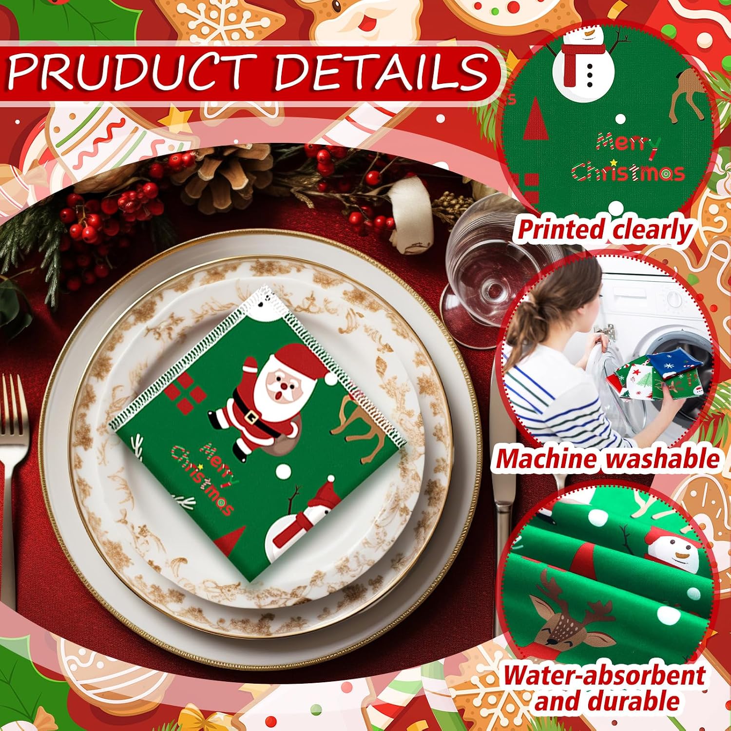 Fanfanwin 12 Pcs Christmas Handkerchieves Bulk 6 Styles 11x11 in