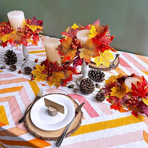 Miniatura 5 de Winlyn 4 aros de vela artificiales de hojas de arce y bayas, portavelas de otoño, pequeños anillos de corona de 11 pulgadas de ancho para casa de