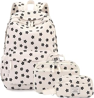 Corduroy Backpack for Kids with Lunch Box & Pencil Bag(Flower Black)