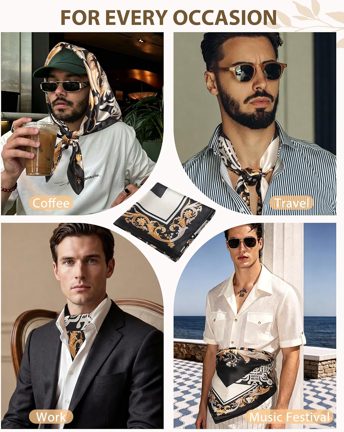 Lourny Bandanas for Men 35" Silk Scarf – Mens Accessories Satin Neck Scarf