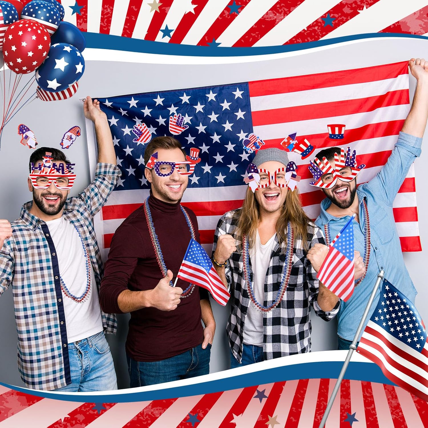 96 Pcs 4th of July Accessories Patriotic Party Favor 12 Set Independence Day Headband American Flag Decor Sunglasses USA Handheld Flag Mustache Blowout 36 Pcs Red White Blue Beaded Necklace