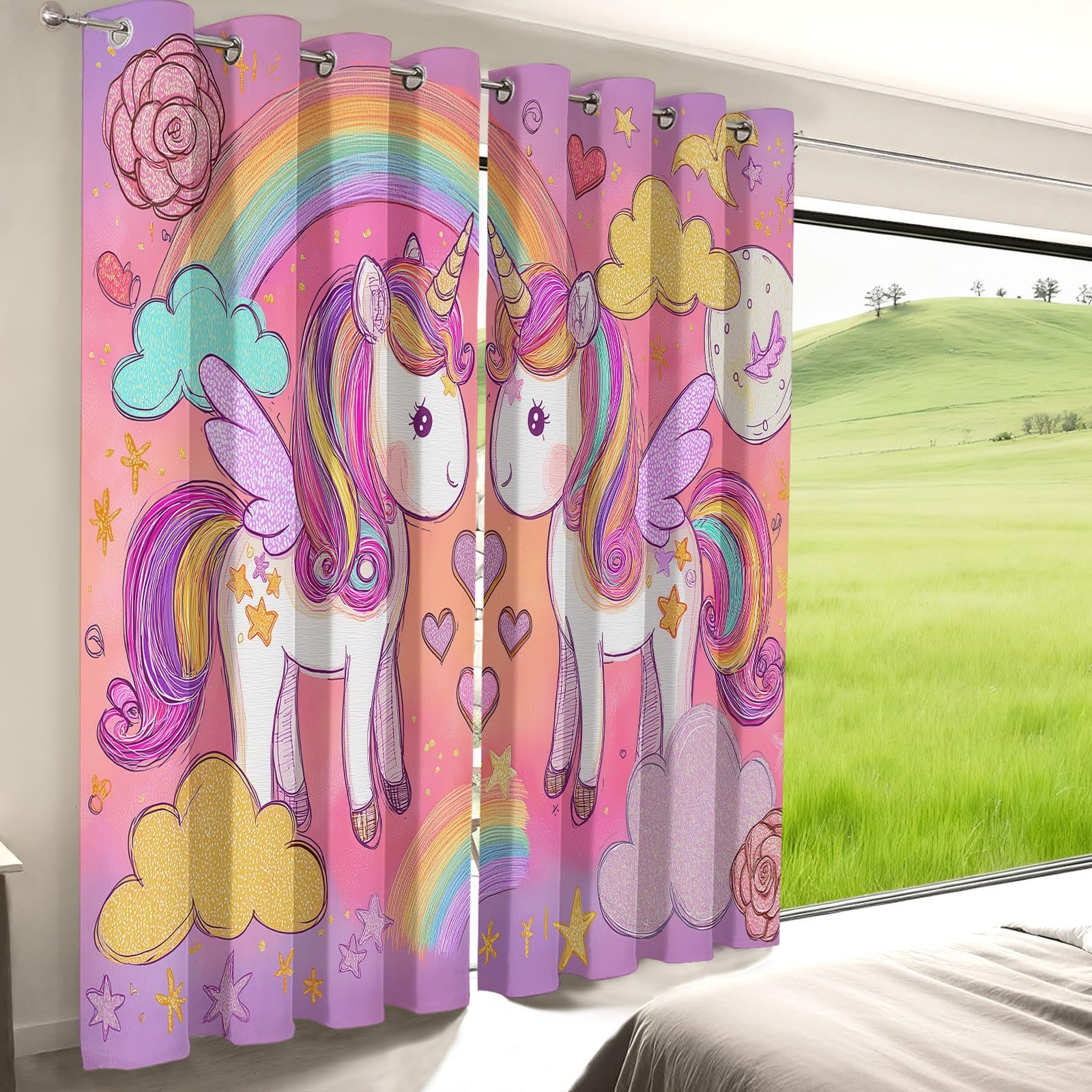 Générique Rideaux Licorne Style Aquarelle pour Chambre d'enfant, Lot de 2 Panneaux 70L X 180H cm - Rideaux Thermiques et Anti-Bruit à Oeillets pour Chambre et Salon Rose