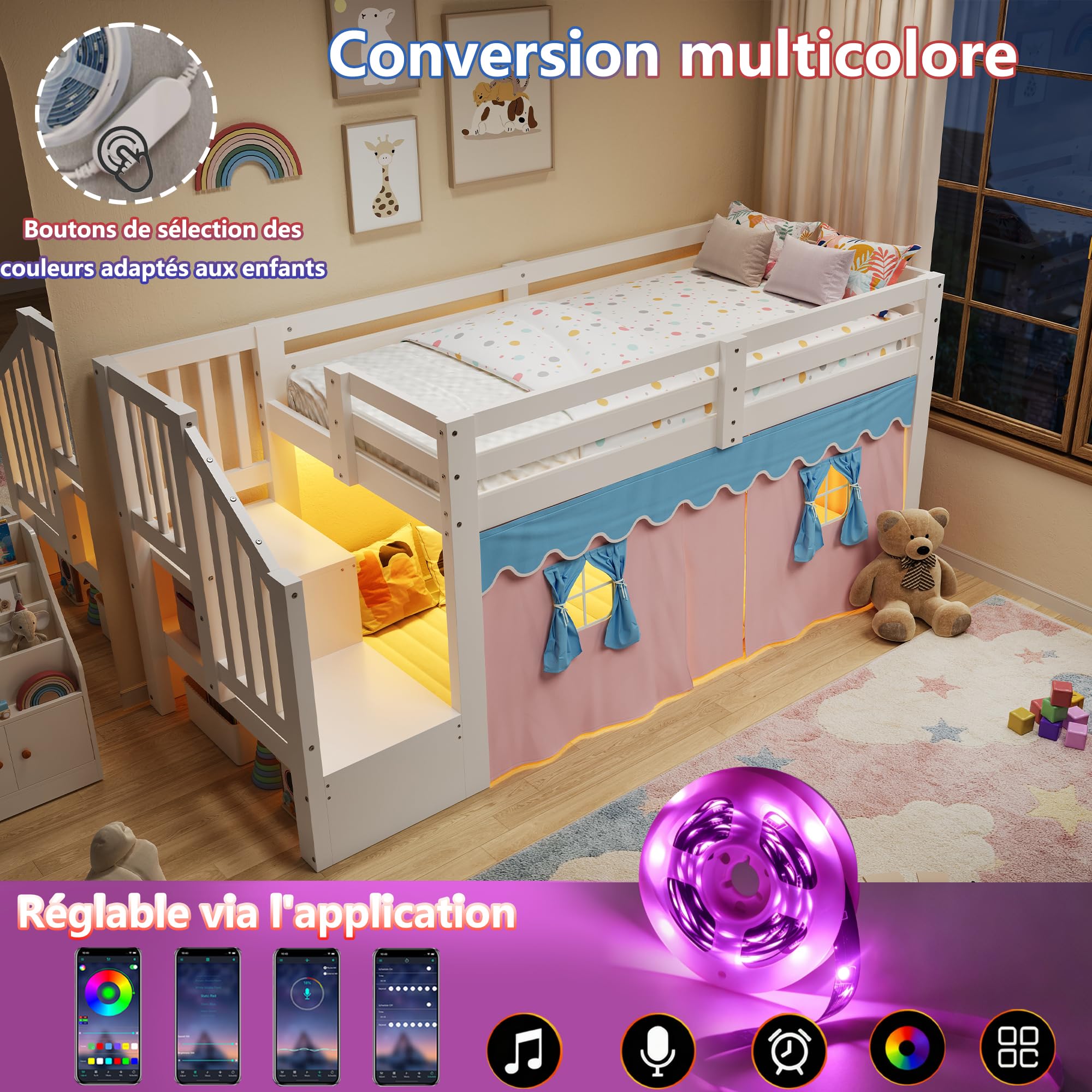 Lit Mezzanine Enfant 90 x 200 cm avec Rideaux Occultants Rose et Bleu, Lit Mi-Hauteur avec Rangement, Éclairage LED Multicolore, Bois Massif Pin & MDF, Blanc