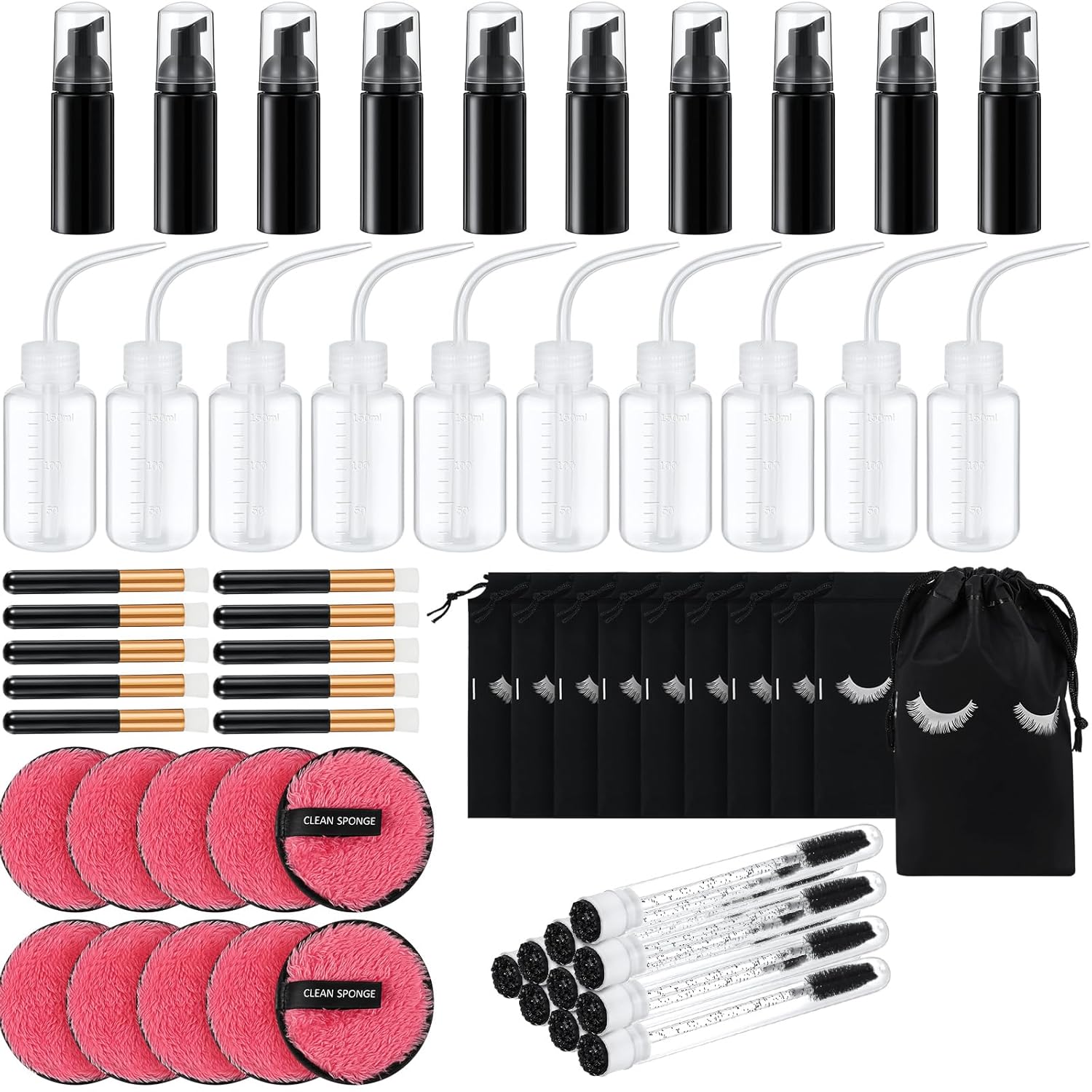 60 Pcs Lash Shampoo Brushes Set 10 Lash Shampoo Brushes 10 Mascara Tubes and Wands 10 Foam Pump Bottle 10 Rinse Bottles 10 Makeup Remover Pad 10 Aftercare Drawstring Bag(Black,10 Pcs)