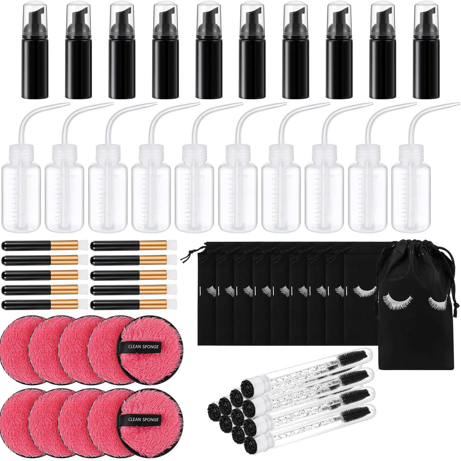 Dansib 60 Pcs Lash Shampoo Brushes Set 10 Lash Shampoo Brushes 10 Mascara Tubes and Wands 10 Foam Pump Bottle 10 Cleaning Rinse Bottles 10 Makeup Remover Pad 10 Aftercare Drawstring Bag(Black)