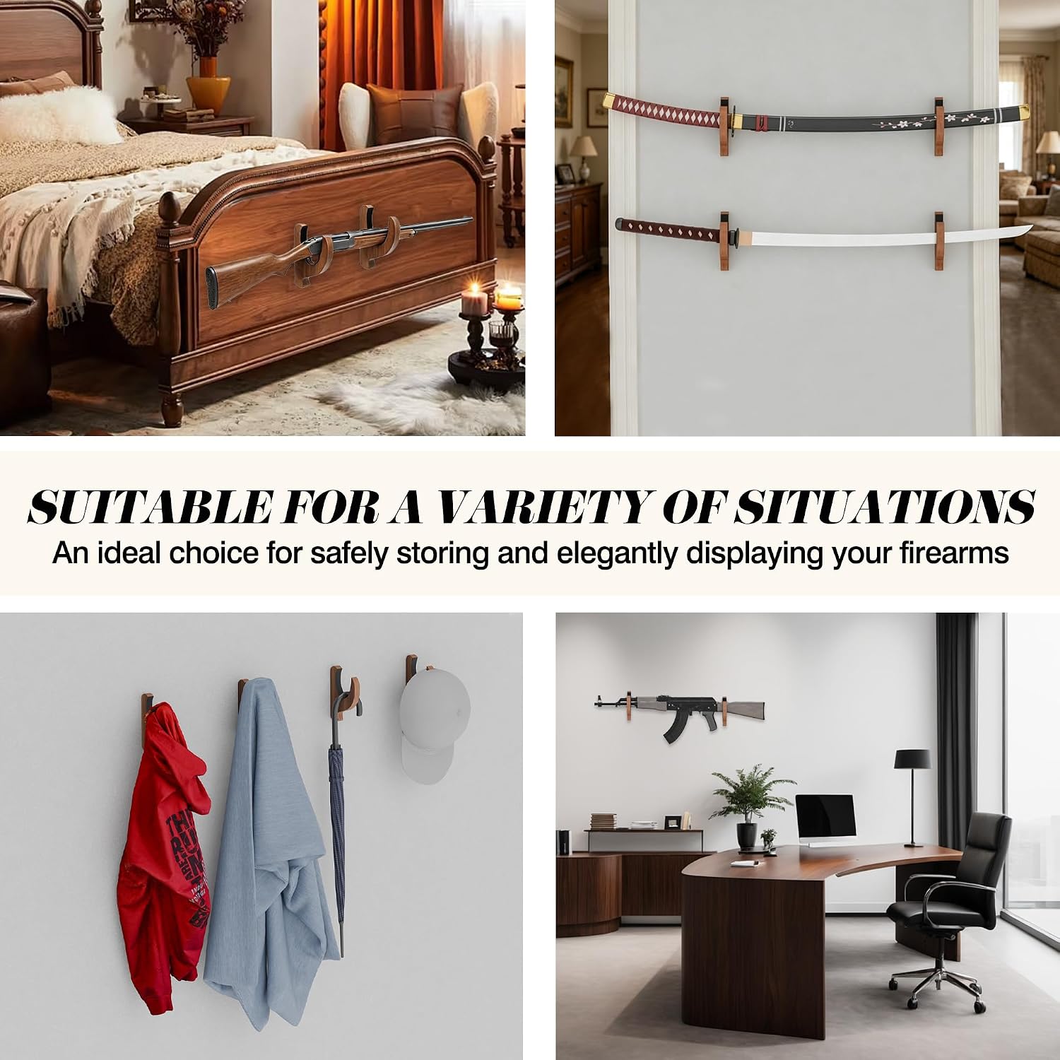 Gun Rack Solid Wood Wall Mount Rifle Hook, Horizontal Display Gun Hook with Hidden Screws, Ideal for Displaying Rifles, Shotguns, and Bows