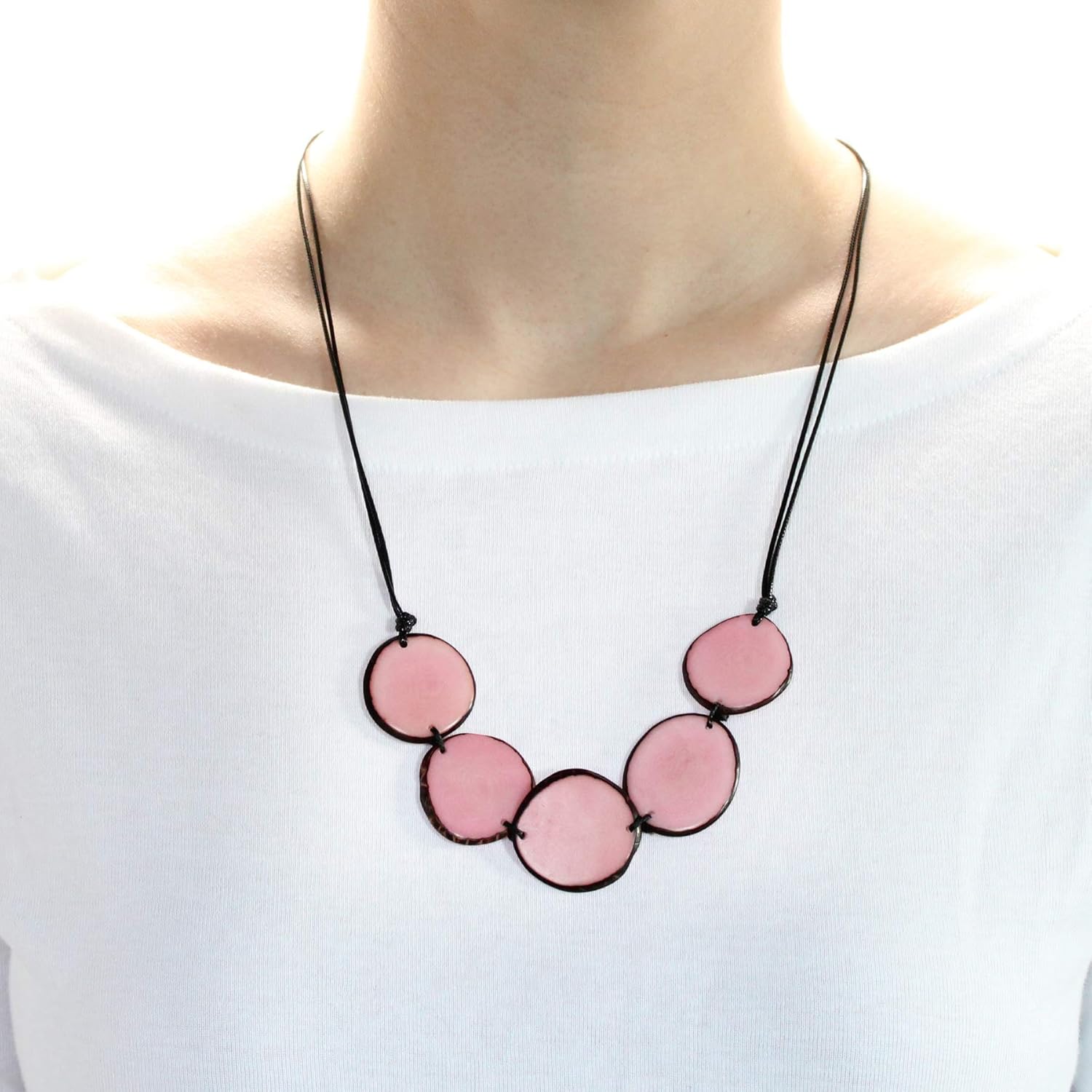 Tagua Nut Necklace Pink Chips Handmade Fair Trade, Adjustable lightweight