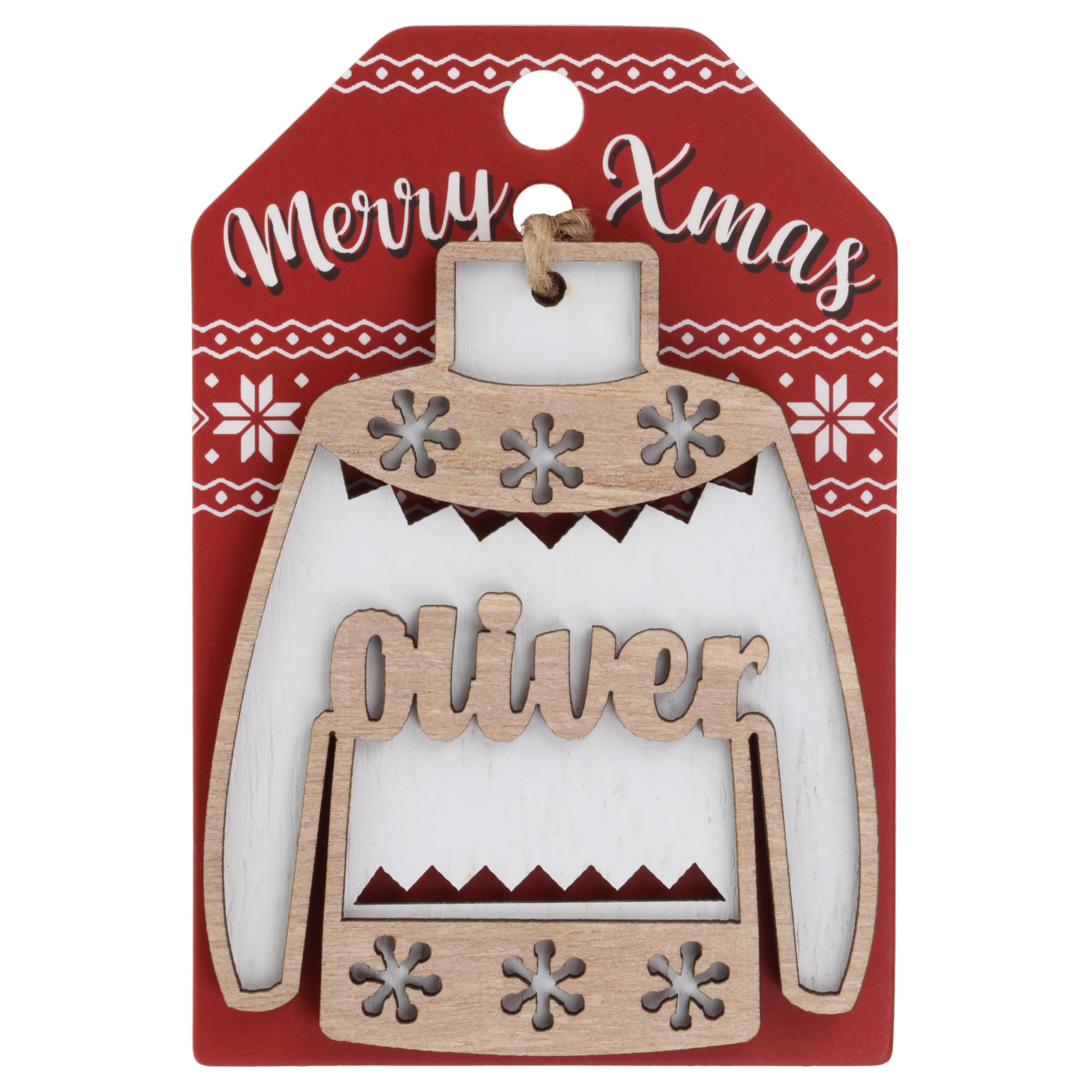 Oliver Name Christmas Jumper Wooden Tree Decoration Personalised Bauble Xmas White