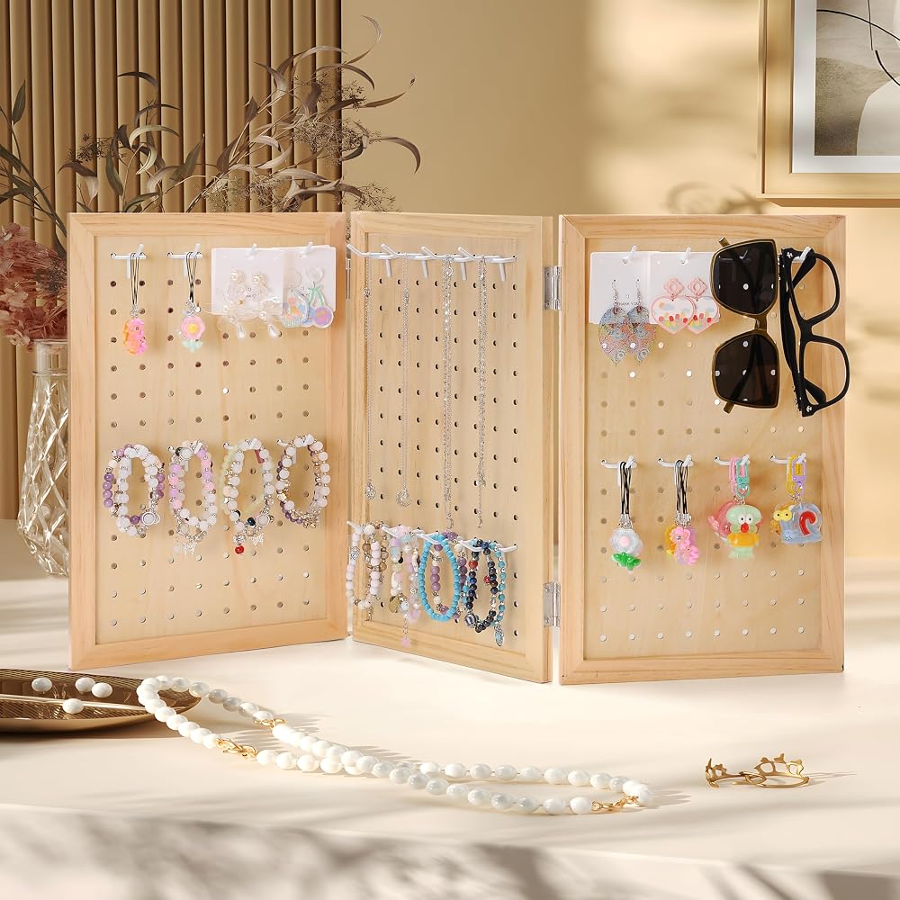 Wooden Foldable and Portable 3-Panel Pegboard Jewelry Display Organizer with 24 Removable White Metal Hooks for Bracelets, Earrings and Keychains, Versatile Countertop Rack for Store