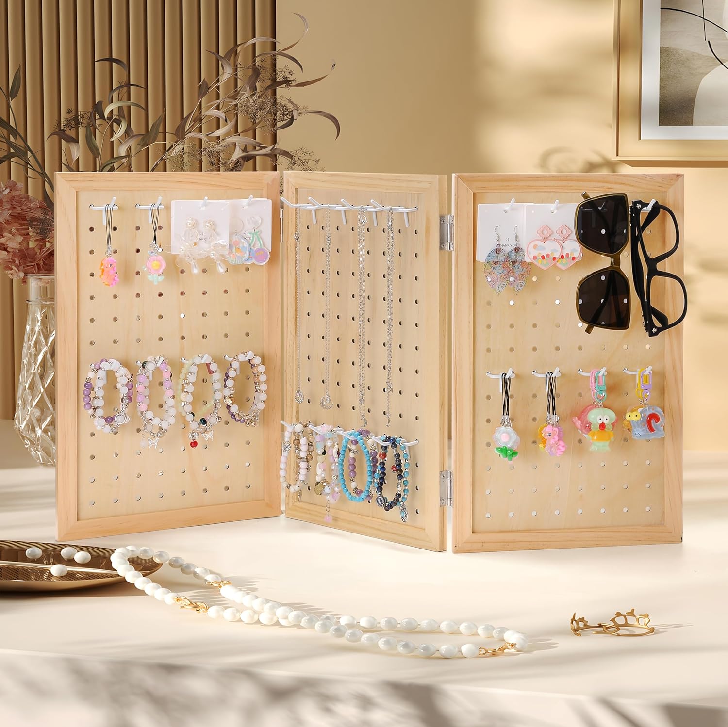 Wooden Foldable and Portable 3-Panel Pegboard Jewelry Display Organizer with 24 Removable White Metal Hooks for Bracelets, Earrings and Keychains, Versatile Countertop Rack for Store